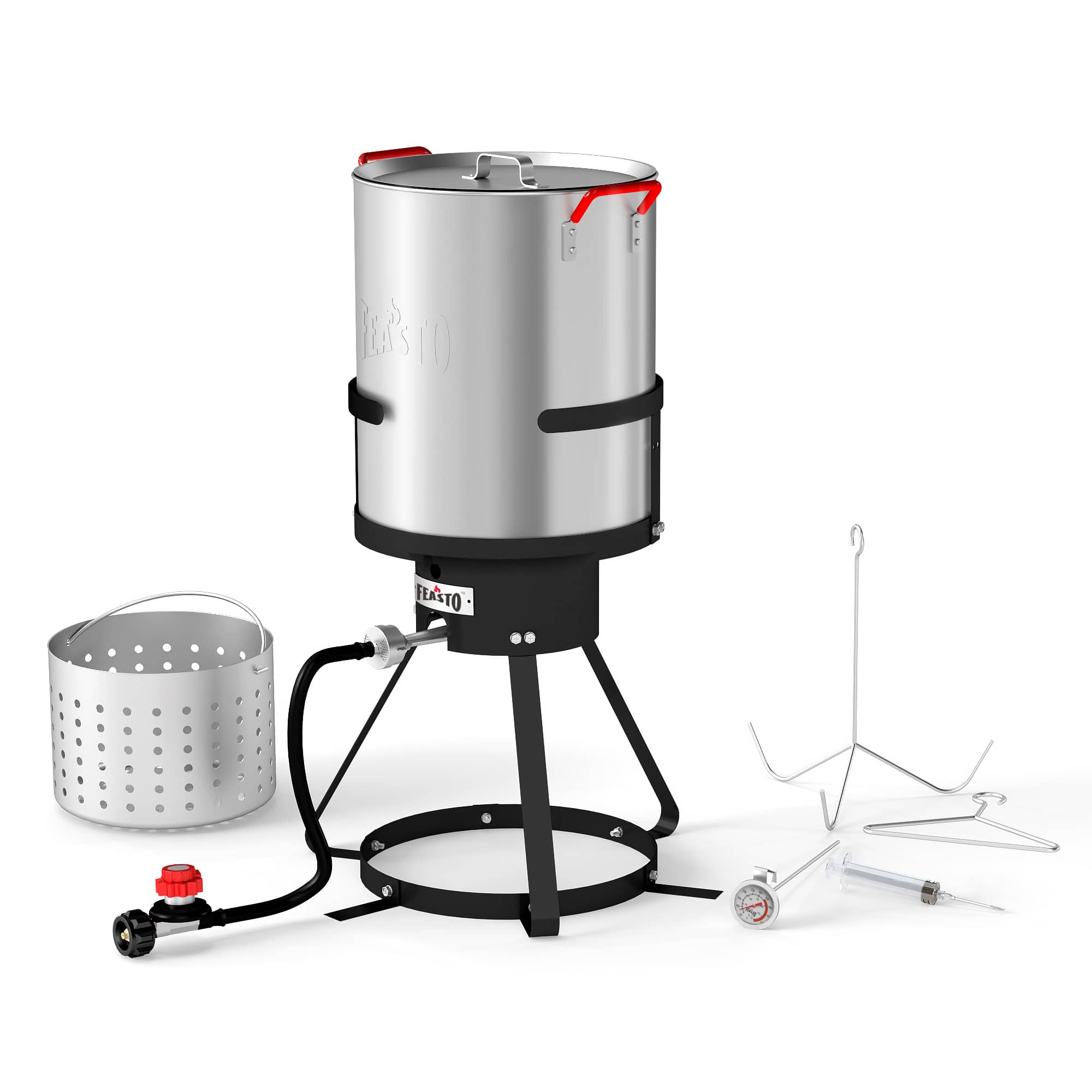FEASTO - 30 QT Turkey Fryer Pot with Basket and Burner Stand for Outdoor Seafood Boiling and Turkey Frying - Silver & Black