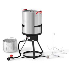 FEASTO - 30 QT Turkey Fryer Pot with Basket and Burner Stand for Outdoor Seafood Boiling and Turkey Frying - Silver & Black