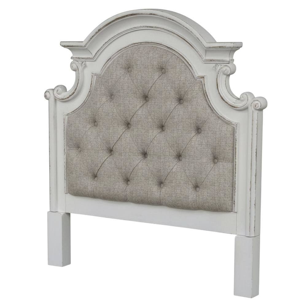 Left. Starlight Canyon Home - Antique White Upholstered Panel Headboard with Weathered Bark Wood Accents - White.