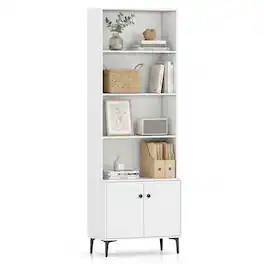 Gymax - Bookshelf w/ Doors 5-Tier Floor Standing Bookcase w/ 2 Anti-Tipping Kits - White