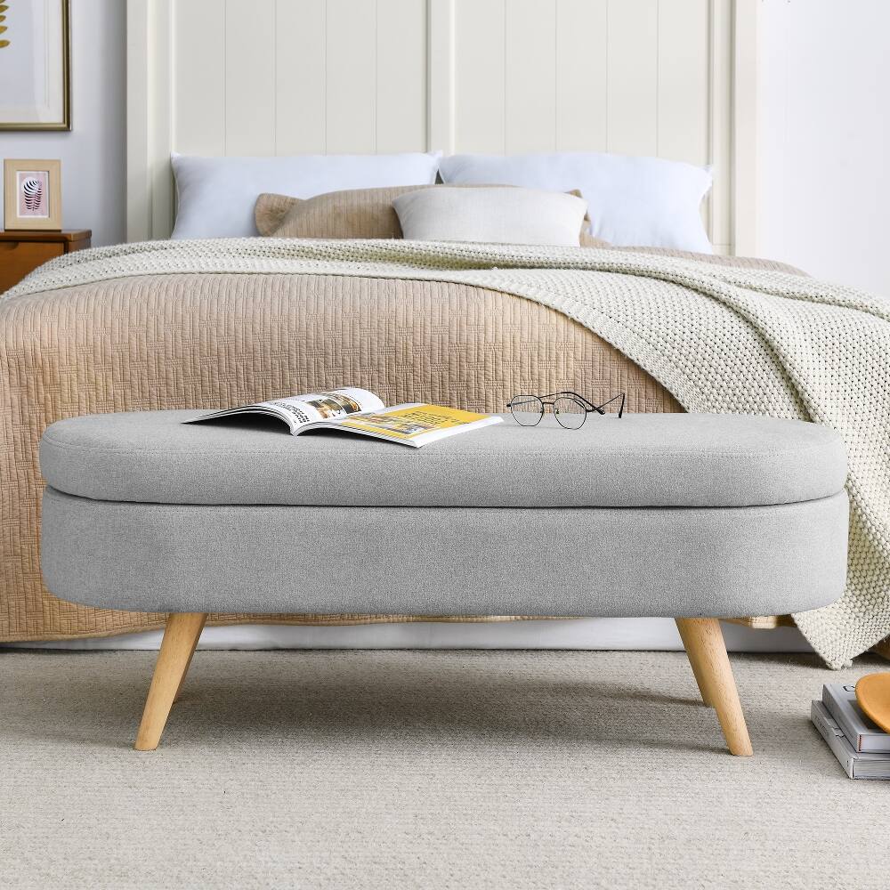 Left. Ropilly - Ropilly Oval Storage Bench Grey Storage Ottoman with Rubber Wood Legs for Bedroom - Grey.