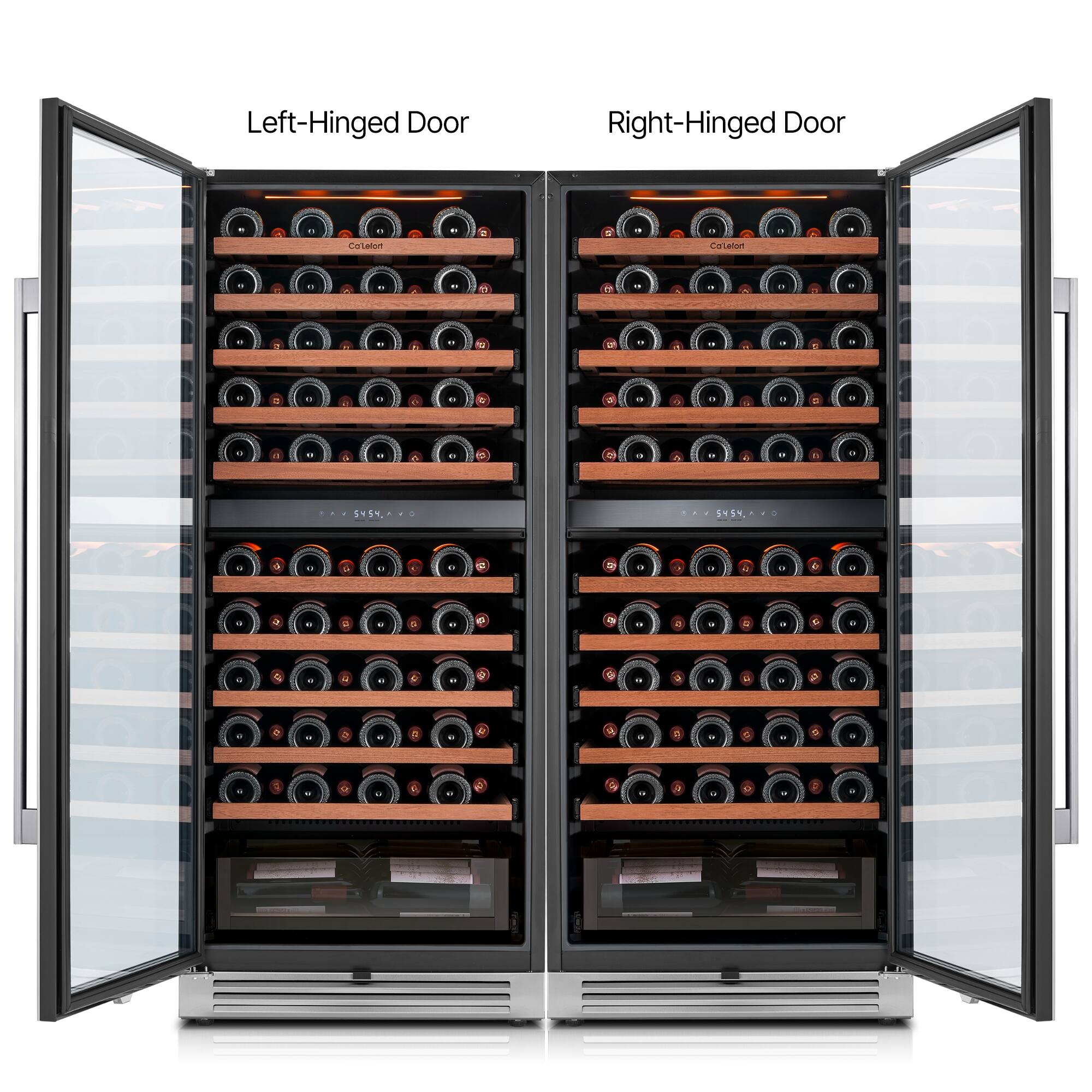 Left. Ca'Lefort - 48 inch Wine Cooler Refrigerator 180-Bottle Dual Zone ,Freestanding/Built-In,3Color LED Light,For Home Bar  combo pacK - Stainless Steel.