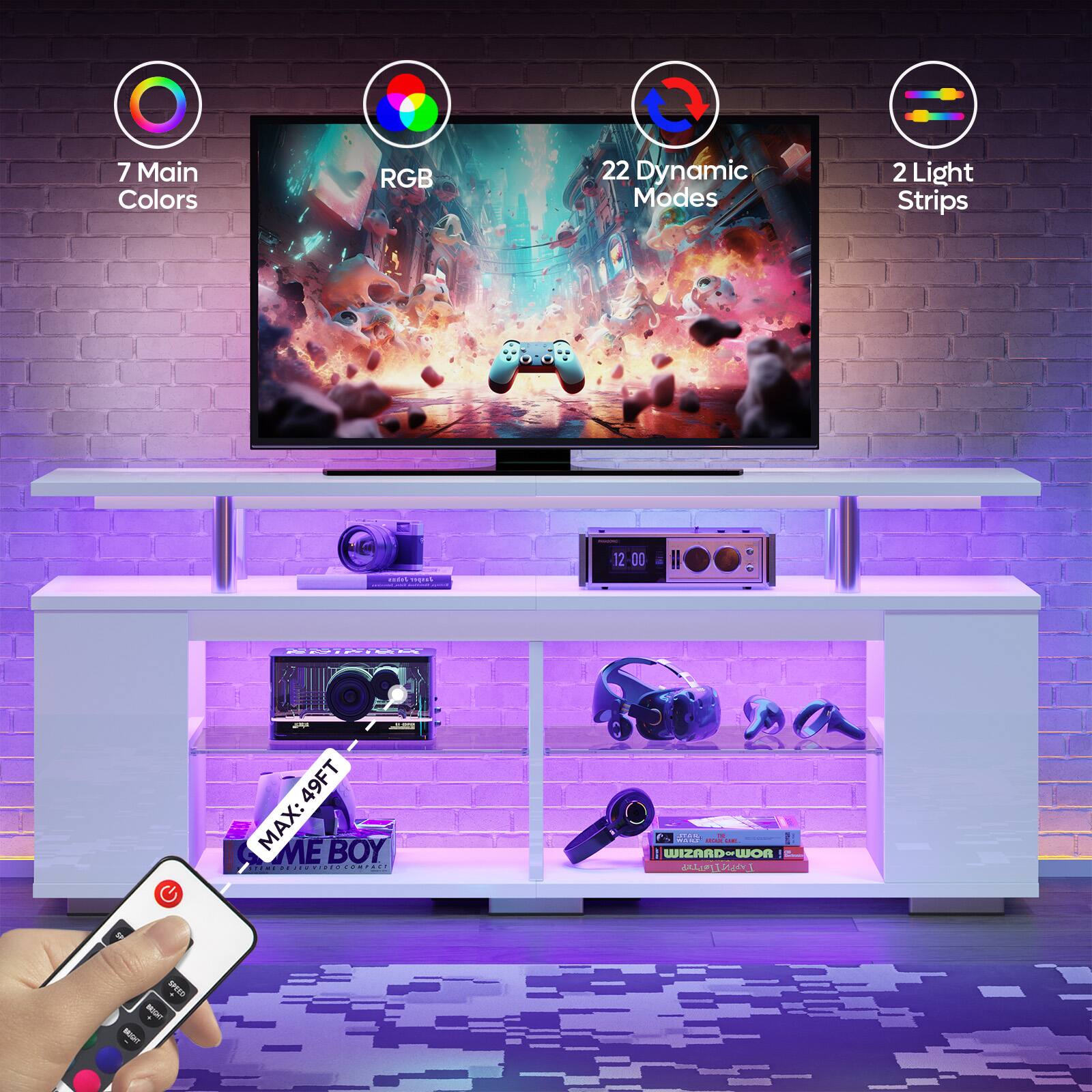 The text on the image reads: "7 Main Colors RGB 22 Dynamic Modes 2 Light Strips."