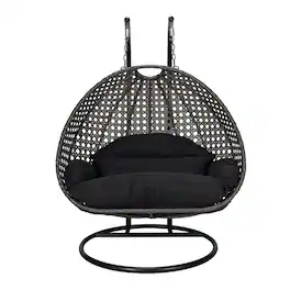 LeisureMod - Outdoor 2-Person Charcoal Wicker Egg Swing Chair with Steel Stand, Washable Cushions & Waterproof Cover - Black