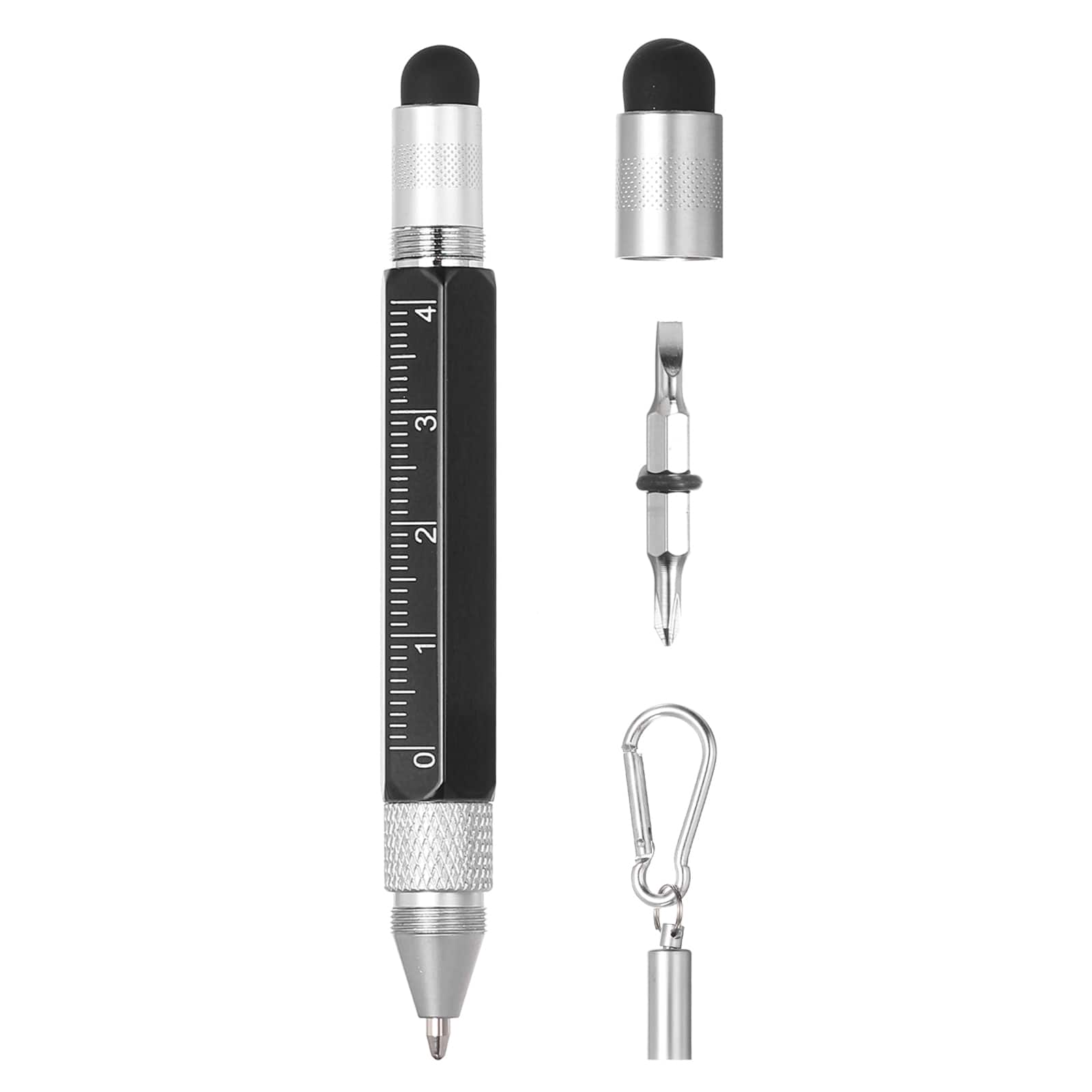 Unique Bargains - 6 in 1 Metallic Stylus Pen Aluminum Alloy Mini Capacitive Pens with Ballpoint Pen, Ruler, Screwdriver, Stylus, Keychain - Black