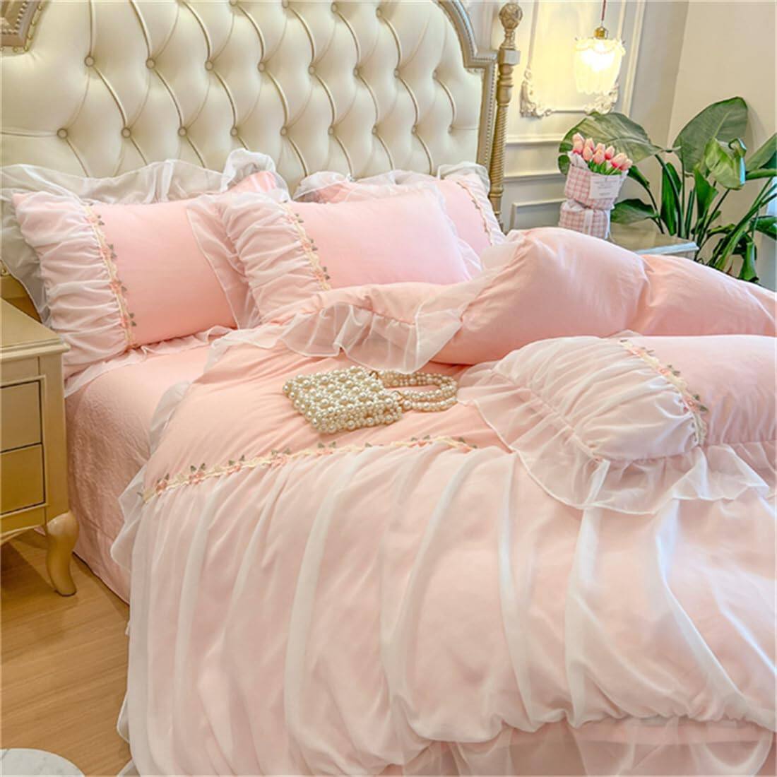 Alt View 2. Comfort Essence - Beddingromantic Ruffle Lace Bedding Set 2 Piece Comforter Duvet Cover With Zipper Closure Coquette Room - Pink-Twin.