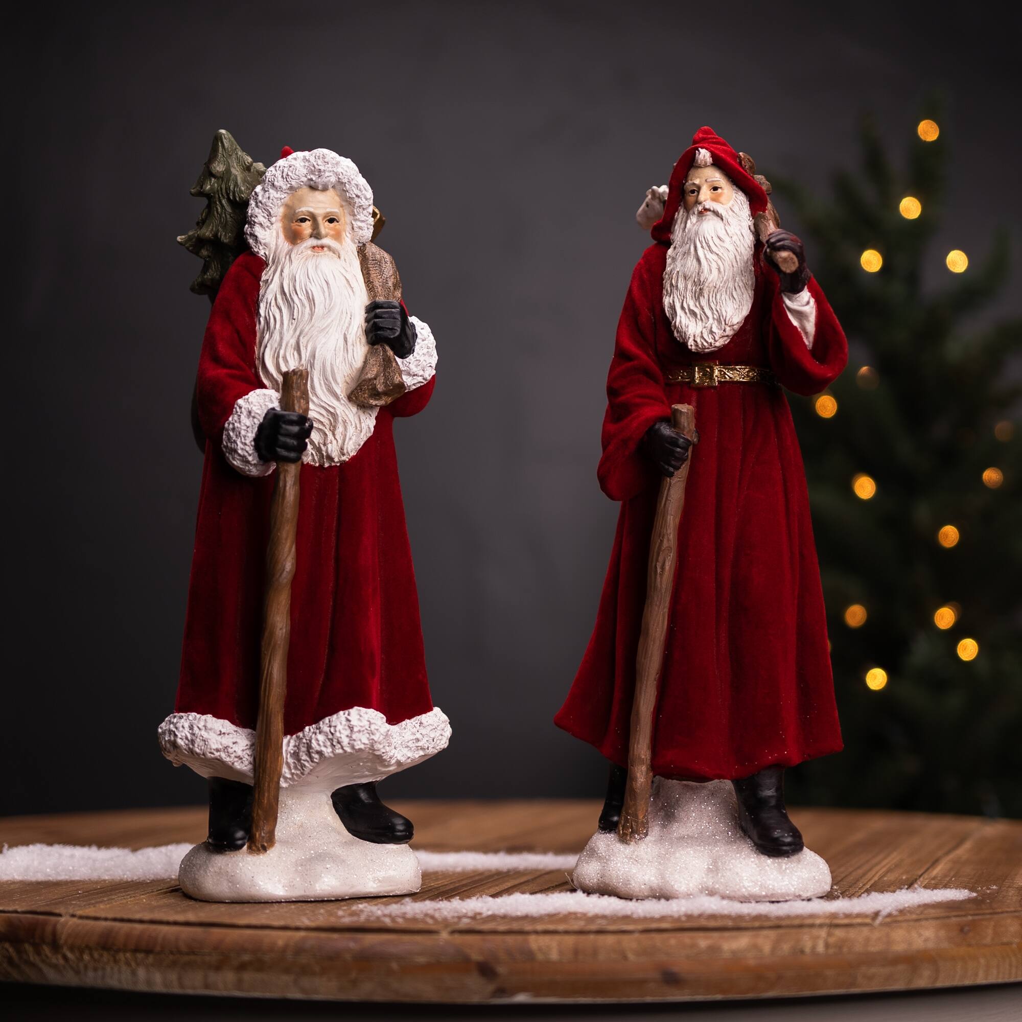 Angle. BreeBe - Flocked Santa Figurine with Hood and Staff (Set of 2) - Red, White.