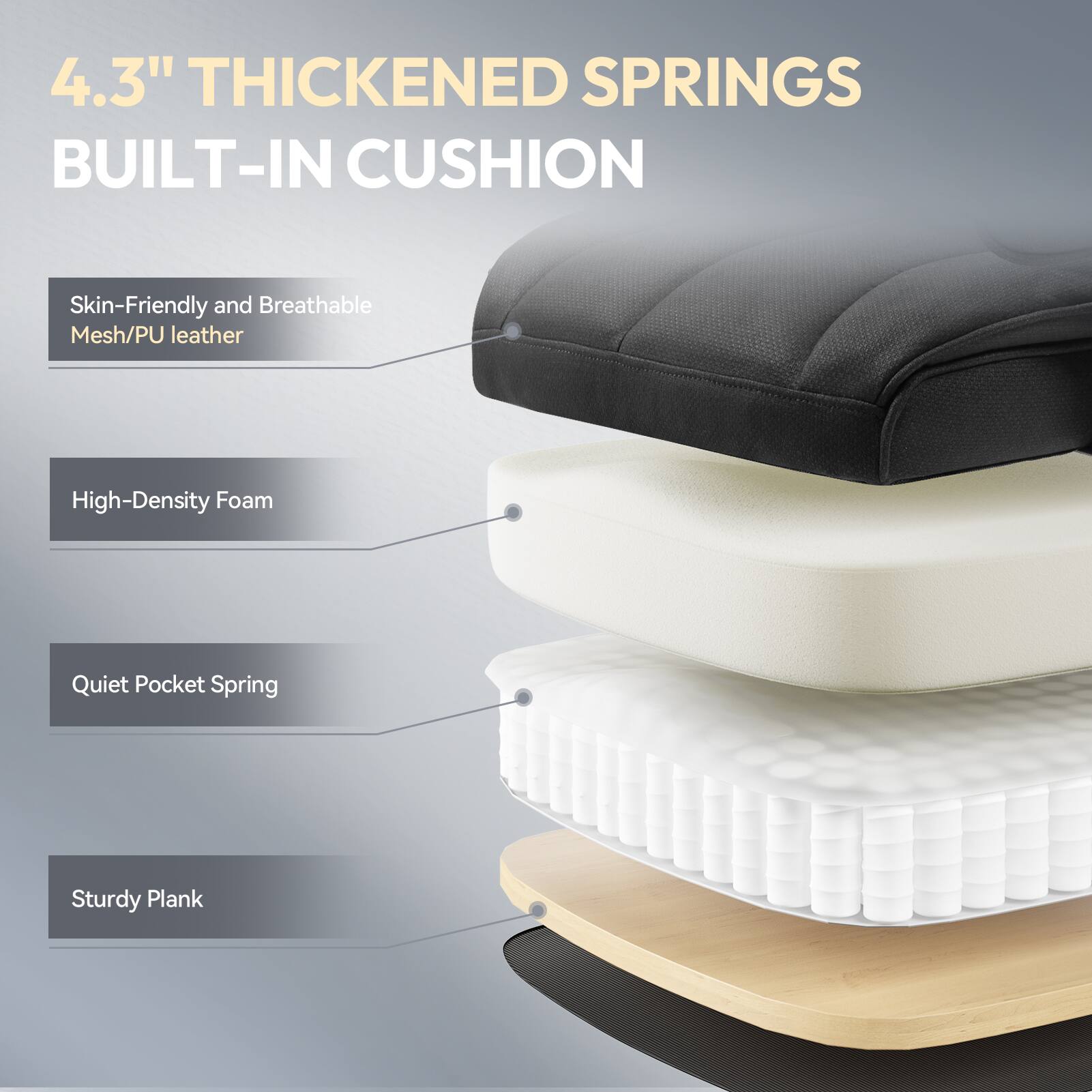 4.3" Thickened Springs Built-In Cushion

- Skin-Friendly and Breathable Mesh/PU Leather
- High-Density Foam
- Quiet Pocket Spring
- Sturdy Plank
