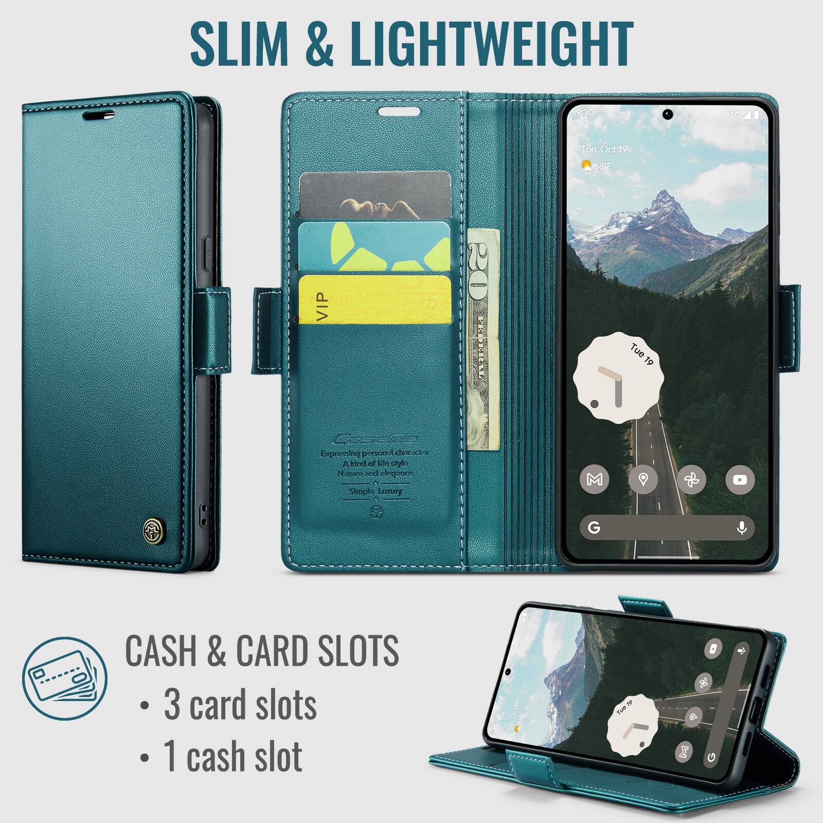 SLIM & LIGHTWEIGHT

9:30
5G
Tue, Oct 19
68°F
P CHICAGO

Casorle Expressing personal character A kind of Mestyle Natura and elegance Simple Luxury

CASH & CARD SLOTS
- 3 card slots
- 1 cash slot