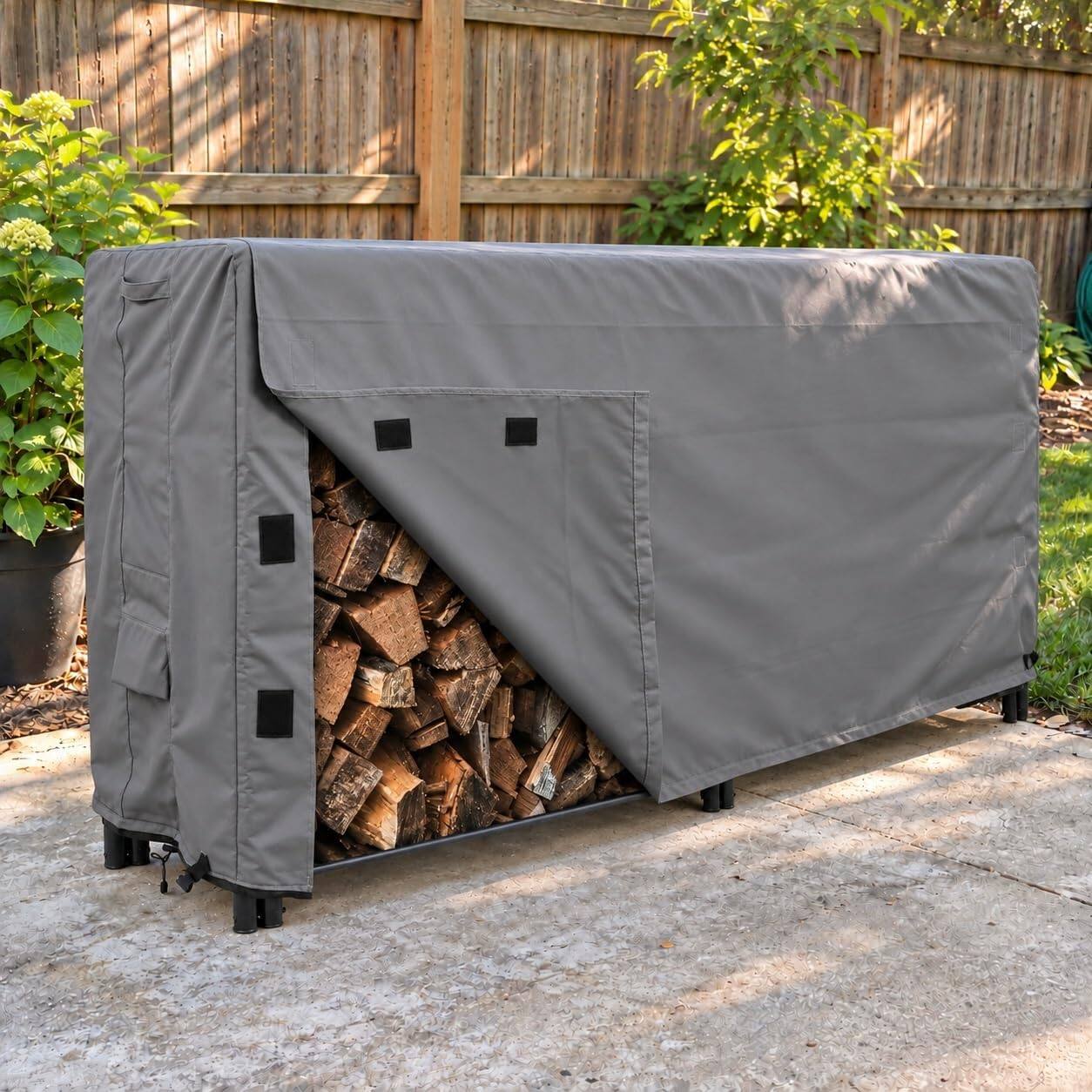 Alt View 2. KHOMO GEAR - Firewood Rack Cover 8ft Waterproof, Outdoor Log Rack Cover with Easy-Load Front Flap and Air Vents - 96"L x 24"W x 42"H - Gray.