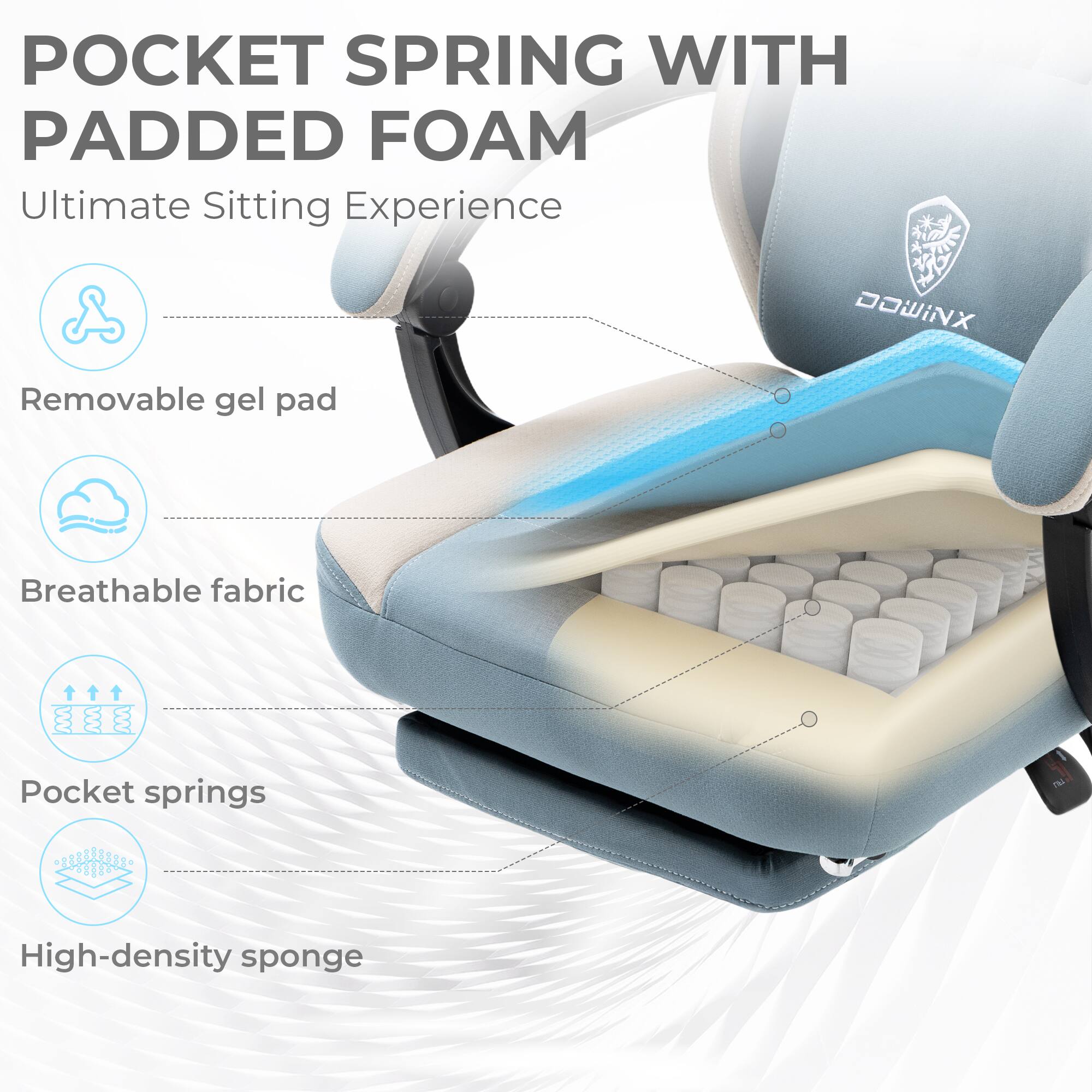 POCKET SPRING WITH PADDED FOAM  
Ultimate Sitting Experience  

- Removable gel pad  
- Breathable fabric  
- Pocket springs  
- High-density sponge