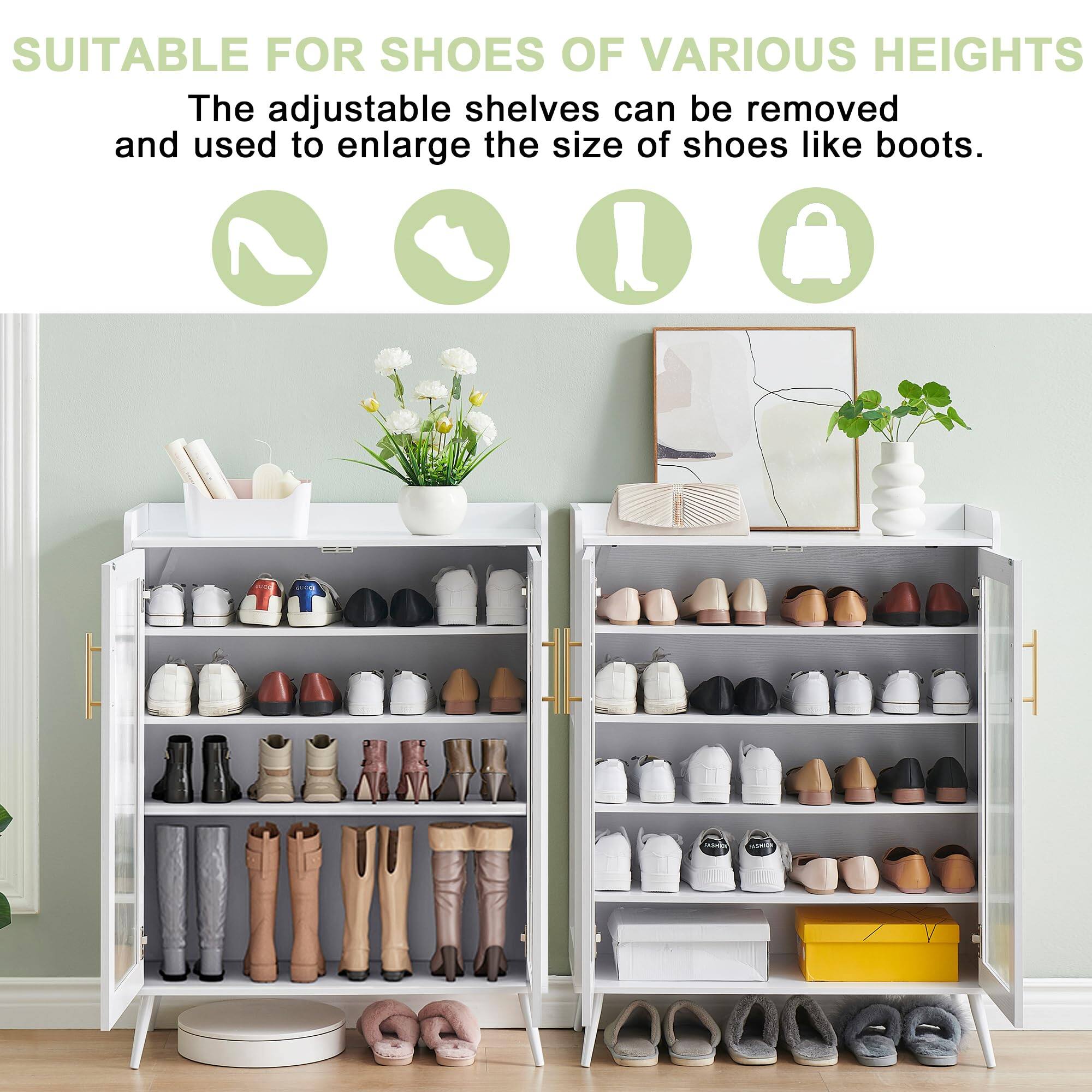 SUITABLE FOR SHOES OF VARIOUS HEIGHTS

The adjustable shelves can be removed and used to enlarge the size of shoes like boots.