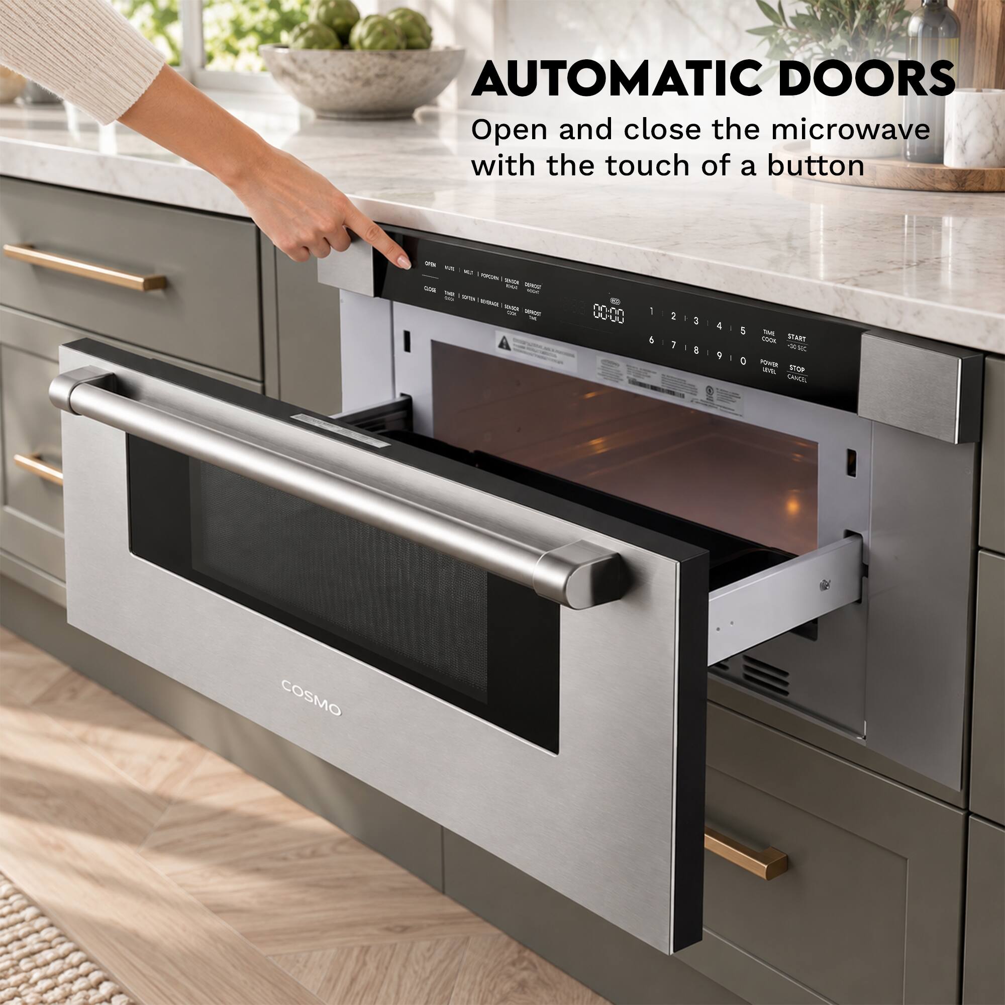 AUTOMATIC DOORS  
Open and close the microwave with the touch of a button

12, CN POPCH BACK GOE - SUNCE TAX - You WW ETOLICA BACK WAS - Total  
WWW -  
1 & 2 1  
3 I a  
4 9 I  
This START COOK POWER STOP and CANCEL  
COSMO