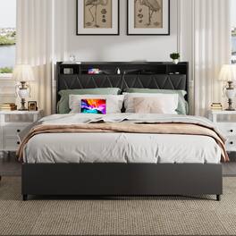 LUCKY ONE - Queen Size Bed Frame with Ergonomic Headboard,Storage Shelf,Outlets & Charger - Black