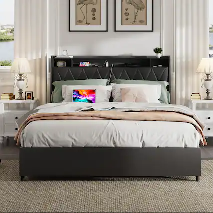 Front. LUCKY ONE - Queen Size Bed Frame with Ergonomic Headboard,Storage Shelf,Outlets & Charger - Black.