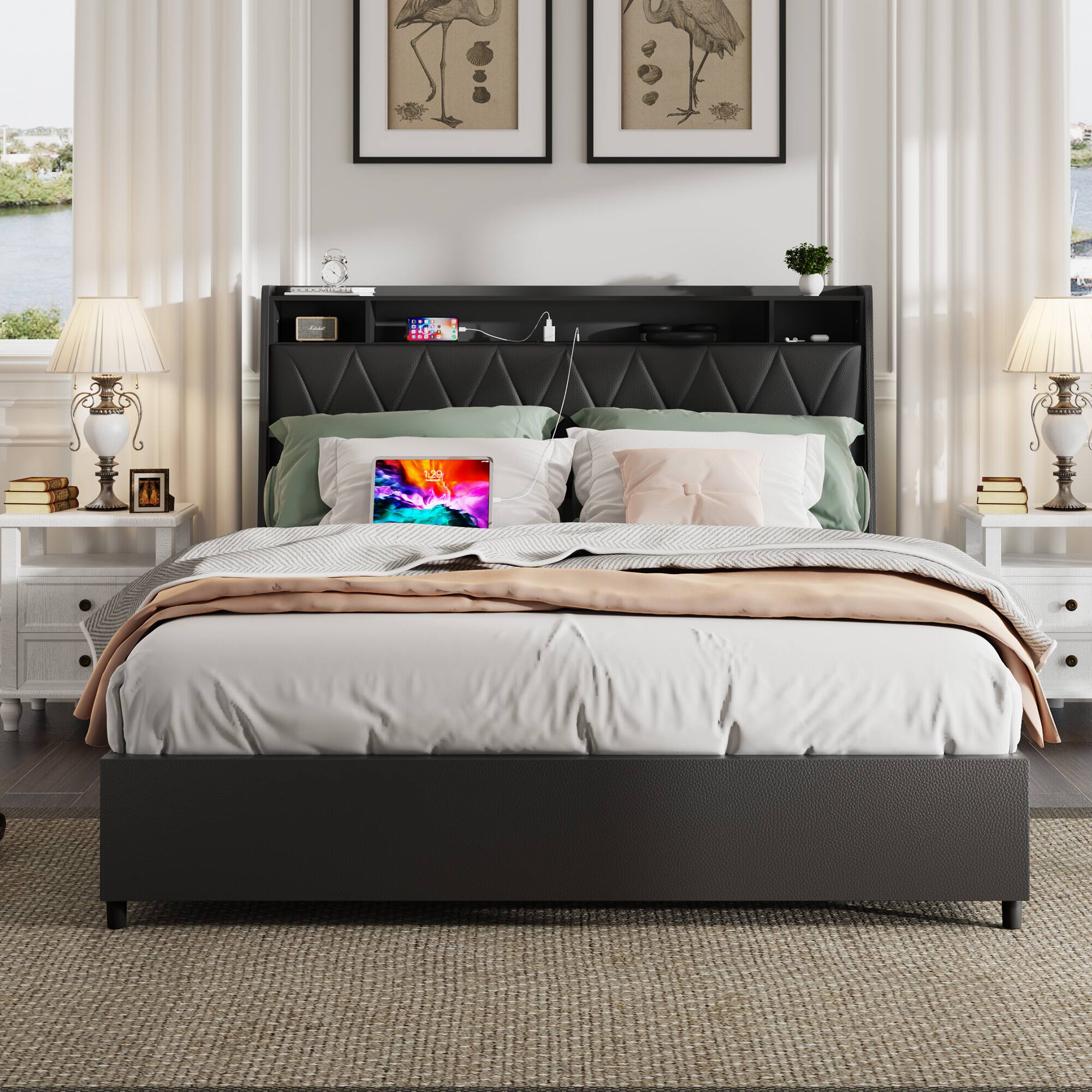 Front. LUCKY ONE - Queen Size Bed Frame with Ergonomic Headboard,Storage Shelf,Outlets & Charger - Black.