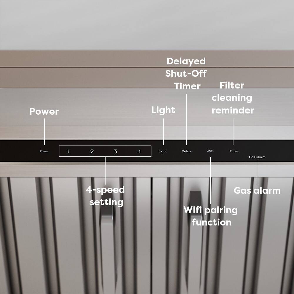 - Power
- Delayed Shut-Off Timer
- Filter cleaning reminder
- Light
- 4-speed setting
- Gas alarm
- WiFi pairing function
- Light reminder
- WiFi
- Filter
- Gas alarm
