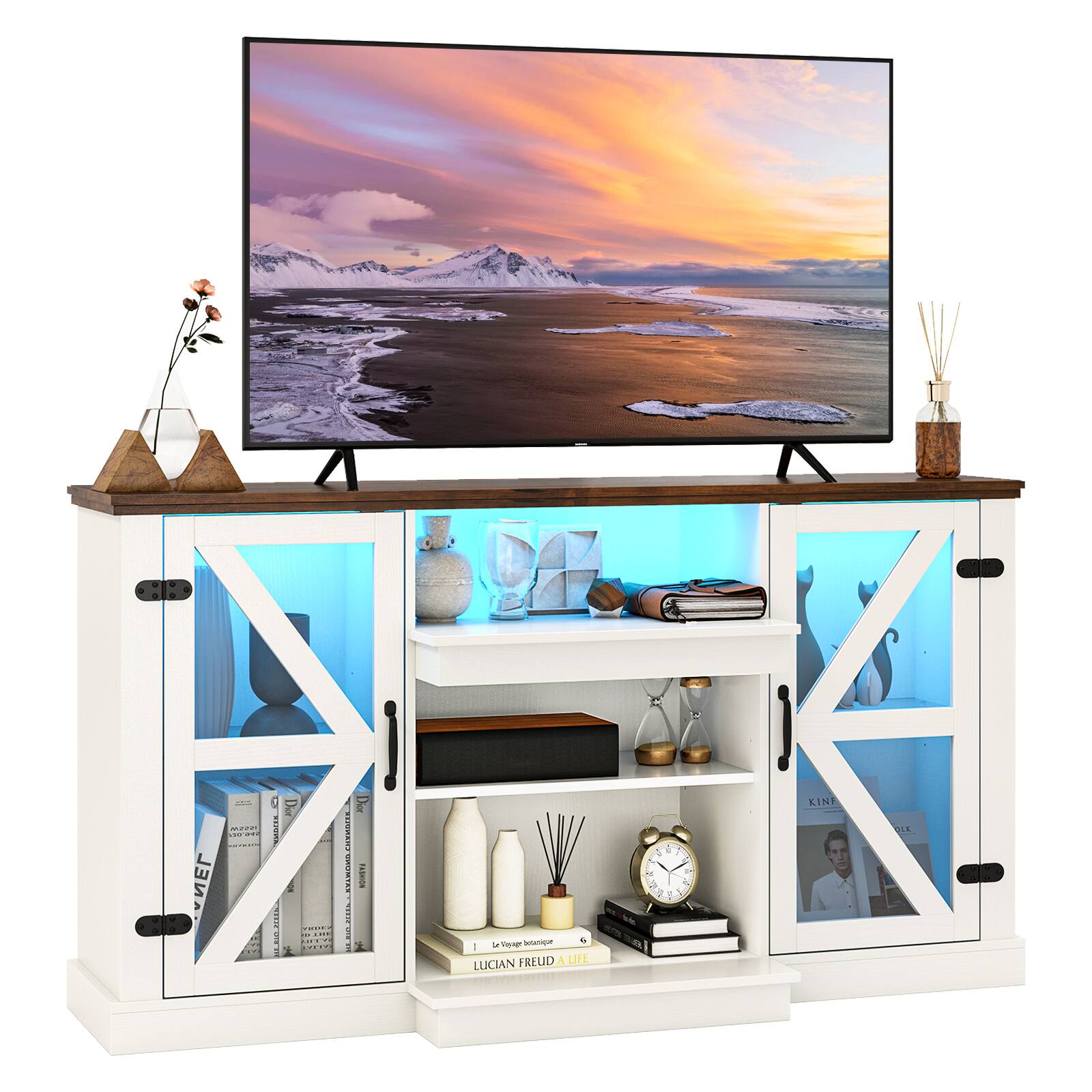 Gymax - 59'' Media Console Table w/3-Level Shelves LED Lights 22 Dynamic Modes 20 Modes - White