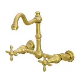 8 inch Solid Brass Wall Mount Kitchen Faucet with 2 Handles Dual Lever Hot and Cold in Brass Gold