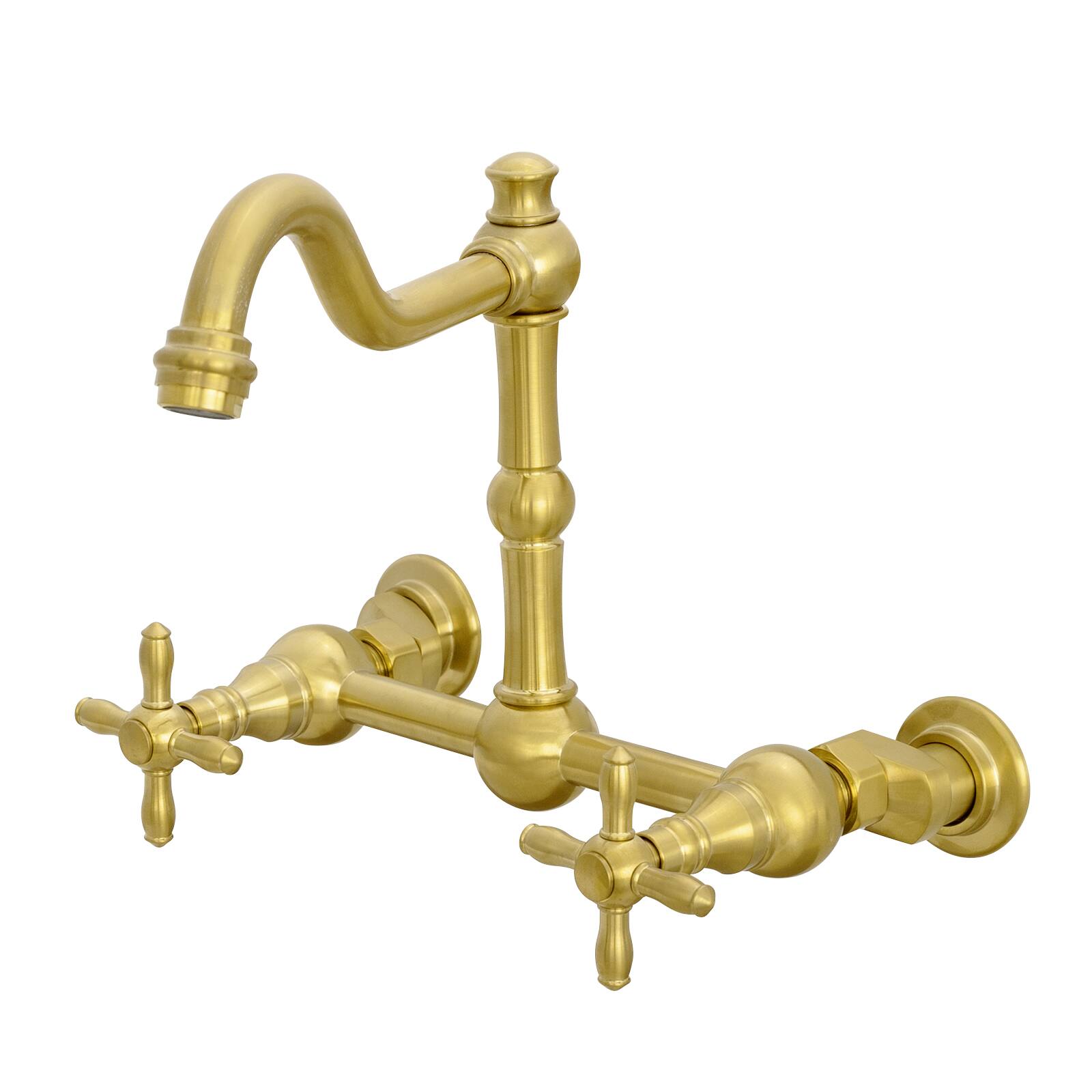 Front. Akicon - Akicon 8 inch Solid Brass Wall Mount Kitchen Faucet with 2 Handles Dual Lever Hot and Cold in Brass Gold - Brushed Gold.