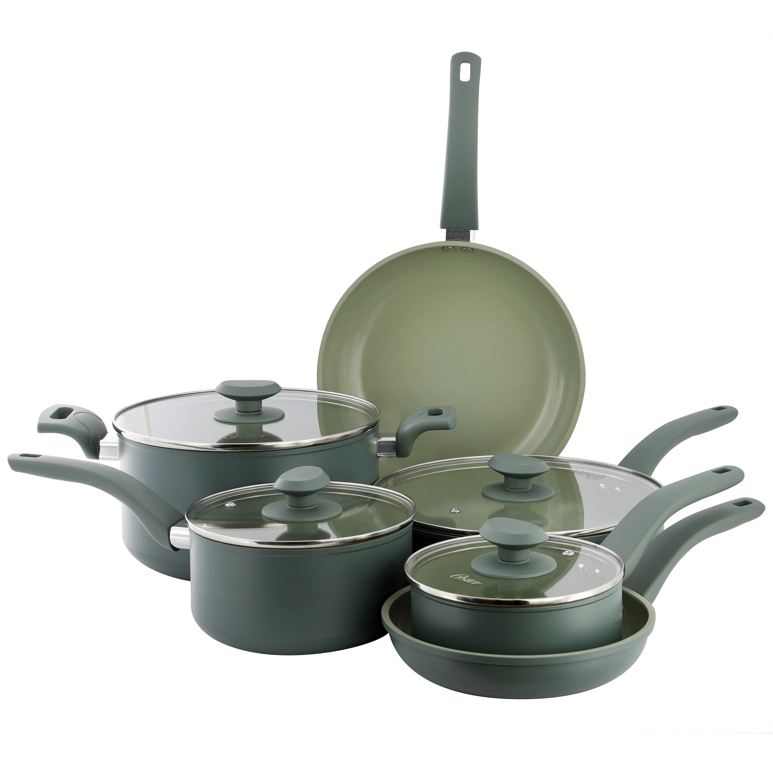 Oster - Sutterville Choice 10 Piece Ceramic Nonstick Cookware Set in Grey - Green