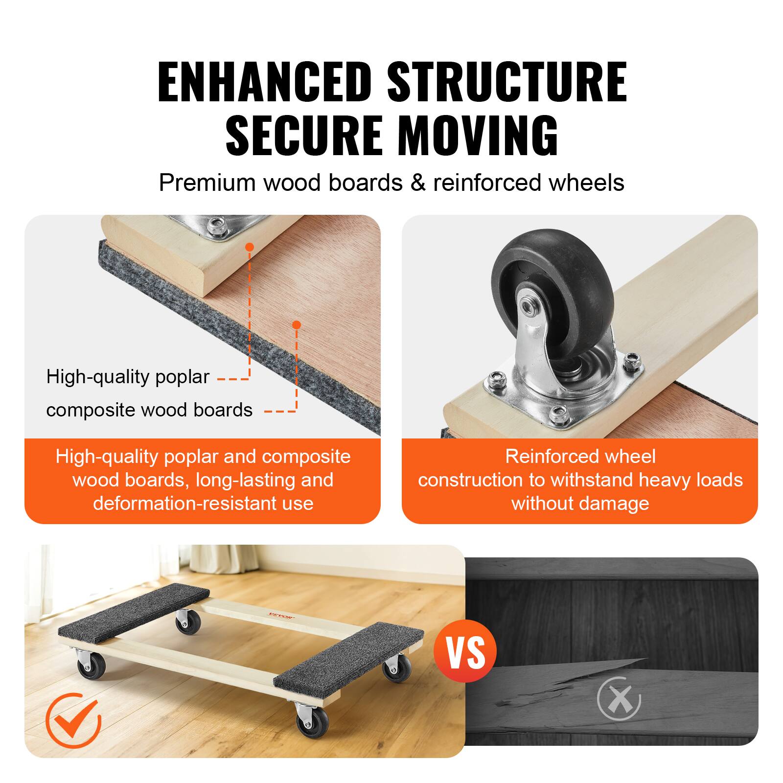 ENHANCED STRUCTURE SECURE MOVING

Premium wood boards & reinforced wheels

- High-quality poplar composite wood boards
- High-quality poplar and composite wood boards, long-lasting and deformation-resistant use
- Reinforced wheel construction to withstand heavy loads without damage

VS