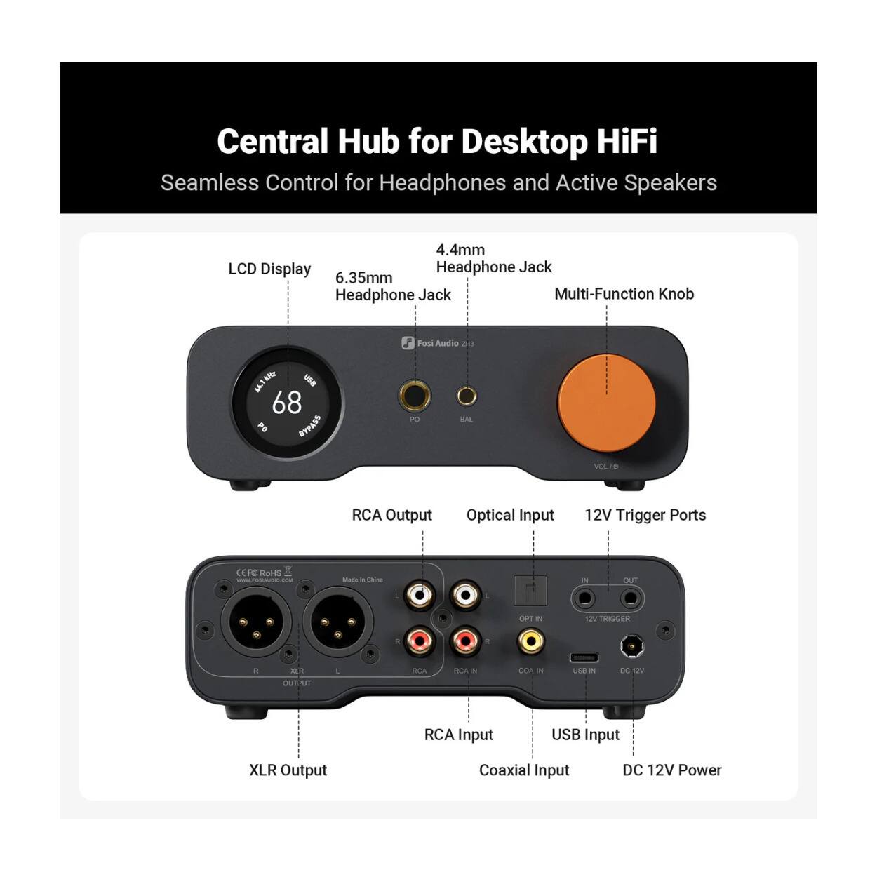 Central Hub for Desktop HiFi  
Seamless Control for Headphones and Active Speakers

4.4mm LCD Display Headphone Jack  
6.35mm Headphone Jack  
Multi-Function Knob

i Fosi Audio 2013

KICS usa  
68 PO BYPASS  
PO  
BAL  
VOL/O

RCA Output  
Optical Input  
12V Trigger Ports  
CEFC RoHS  
www.FOSIAUDIO.COM  
Made in China

OUT  
OPT IN  
12V TRIGGER  
8  
P  
R  
XLR OUTPUT  
1  
RCA  
RCA IN  
COA  
USB 0%  
DC 12V  
RCA Input  
USB Input  
XLR Output  
Coaxial Input  
DC 12V Power