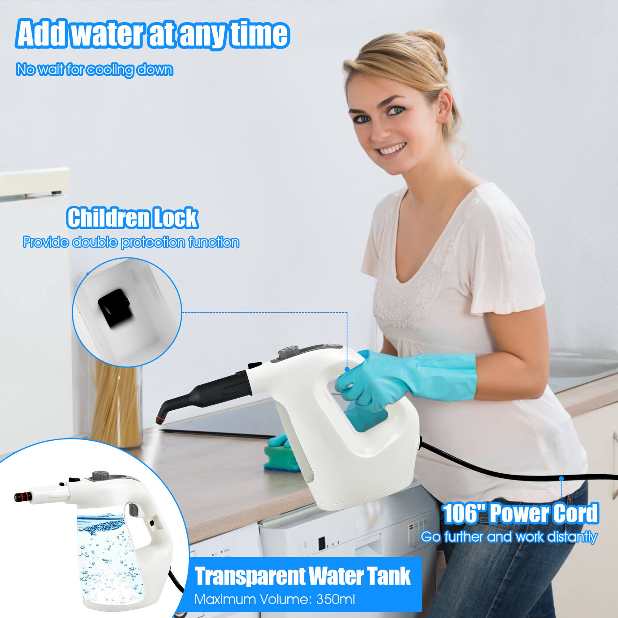 - Add water at any time
  - No wait for cooling down

- Children Lock
  - Provide double protection function

- 106" Power Cord
  - Go further and work distantly

- Transparent Water Tank
  - Maximum Volume: 350ml