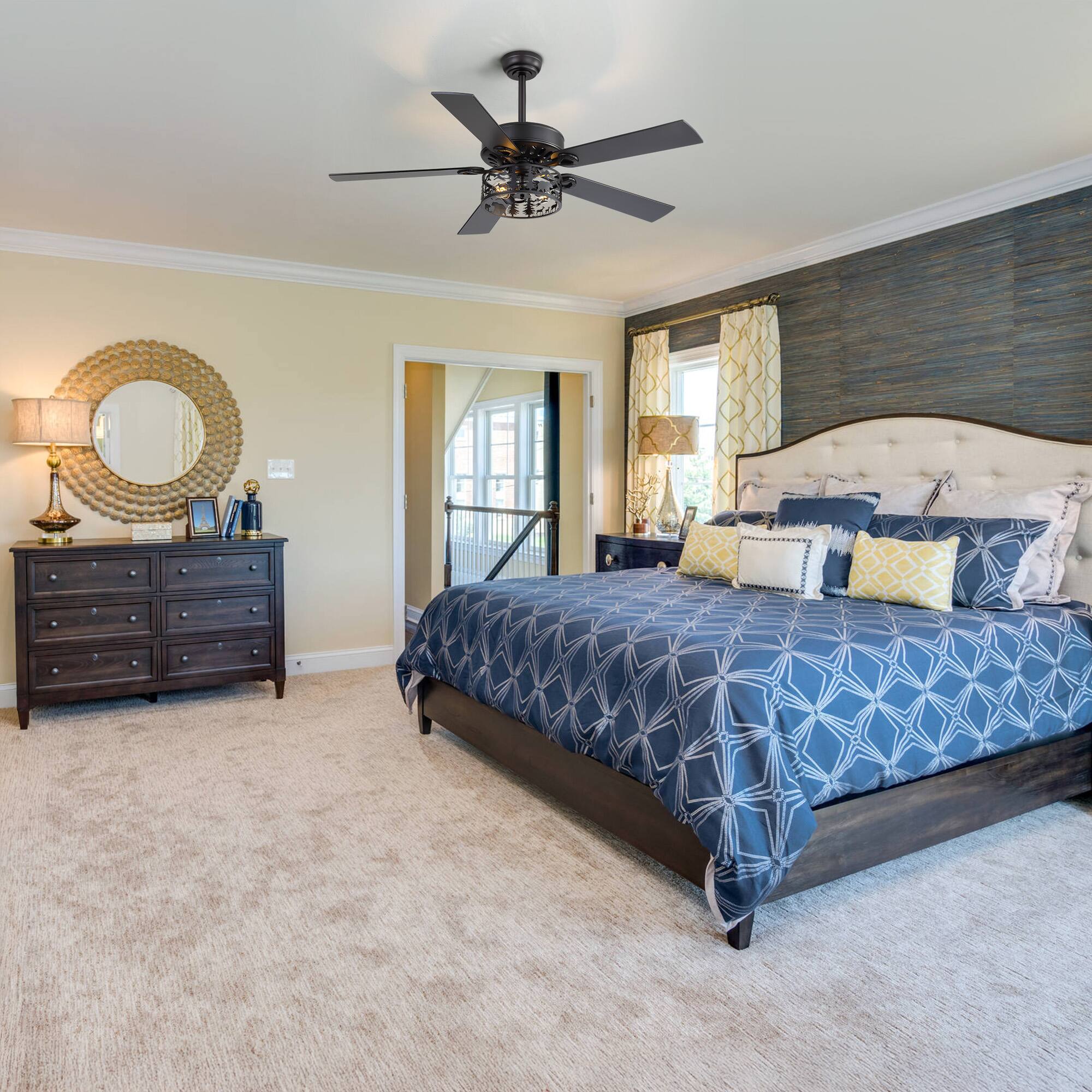 Alt View 2. Breezary - 52-Inch Ceiling Fan with Light, 5 Reversible Plywood Blades, Remote Control, DC Motor, Includes 5" & 10" Downrods - matte black.