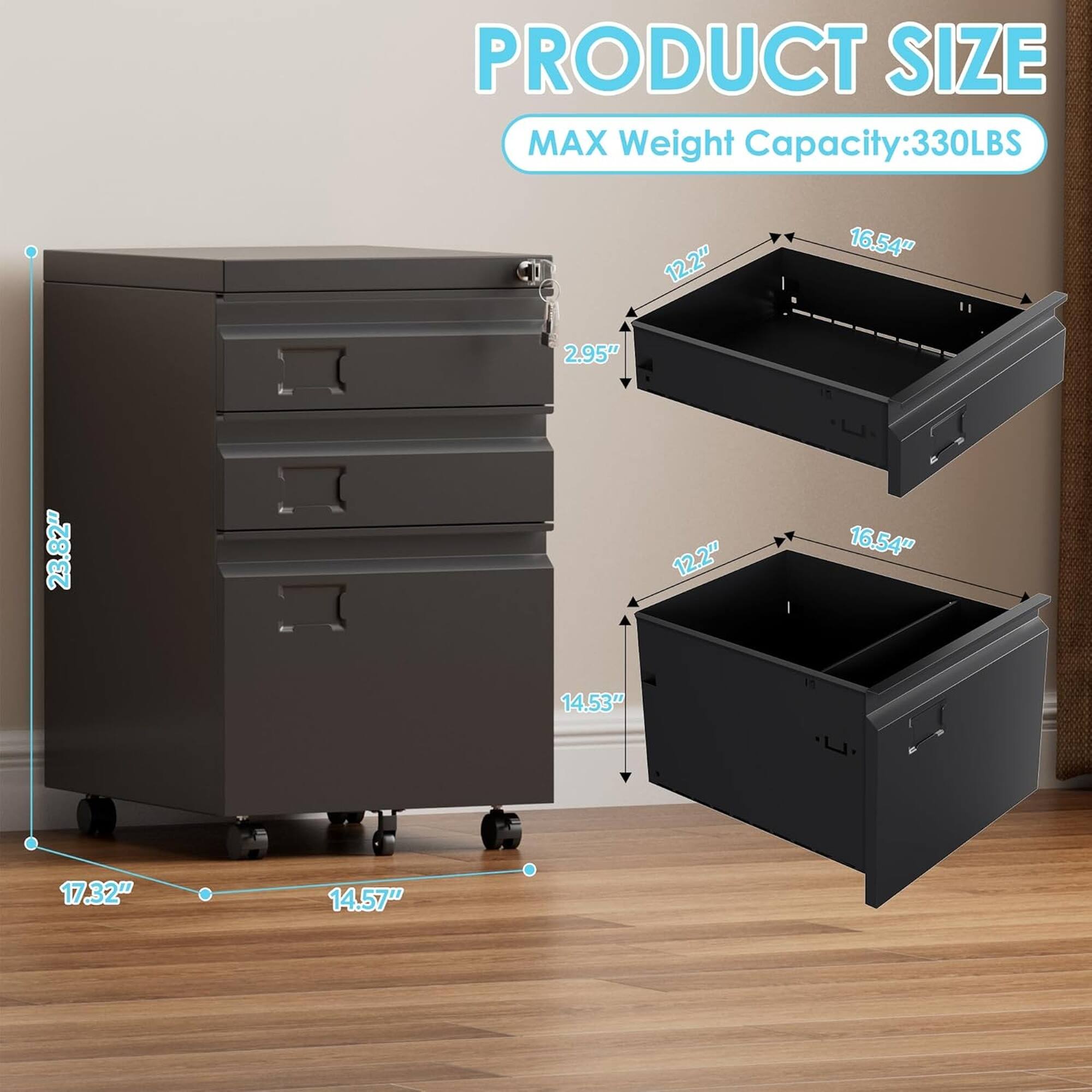 PRODUCT SIZE  
MAX Weight Capacity: 330LBS  
12.2" x 16.54" x 2.95"  
23.82" x 12.2" x 16.54"  
14.53" x 17.32" x 14.57"
