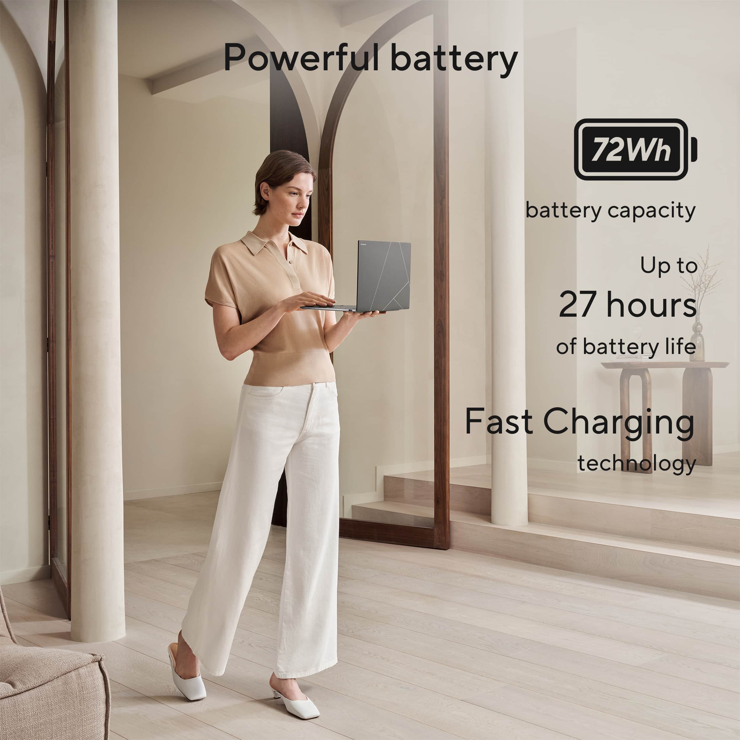 The text on the image reads: "Powerful battery 72Wh battery capacity Up to 27 hours of battery life Fast Charging technology."