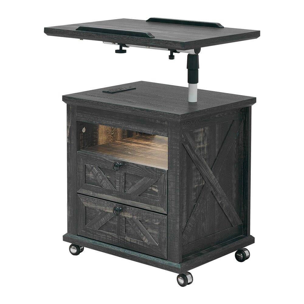 Left. Kadyn - Kadyn Lift Top Desk Cart, Mobile Rolling Table, Wood Storage Cabinet with Drawers, Height Utility Cart, Dark Wood Grain - Gray.