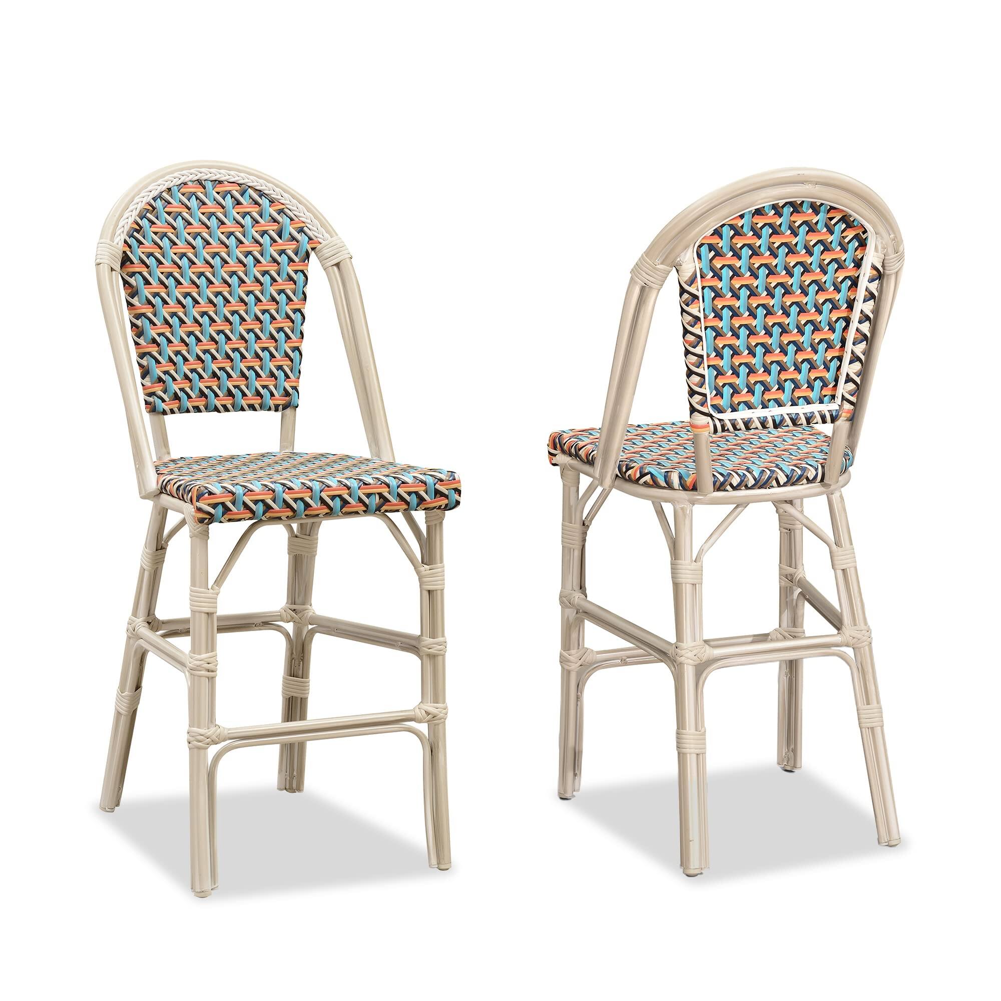 Front. PURPLE LEAF - French Counter Height Bar Stool Set of 2 Patio Bar Chairs with Back Rattan Bar Chairs French Bistro Set - White Frame/Colorful-Counter Stool.