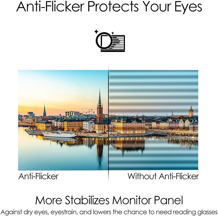 Anti-Flicker Protects Your Eyes

Anti-Flicker Without Anti-Flicker

More Stabilizes Monitor Panel

Against dry eyes, eyestrain, and lowers the chance to need reading glasses