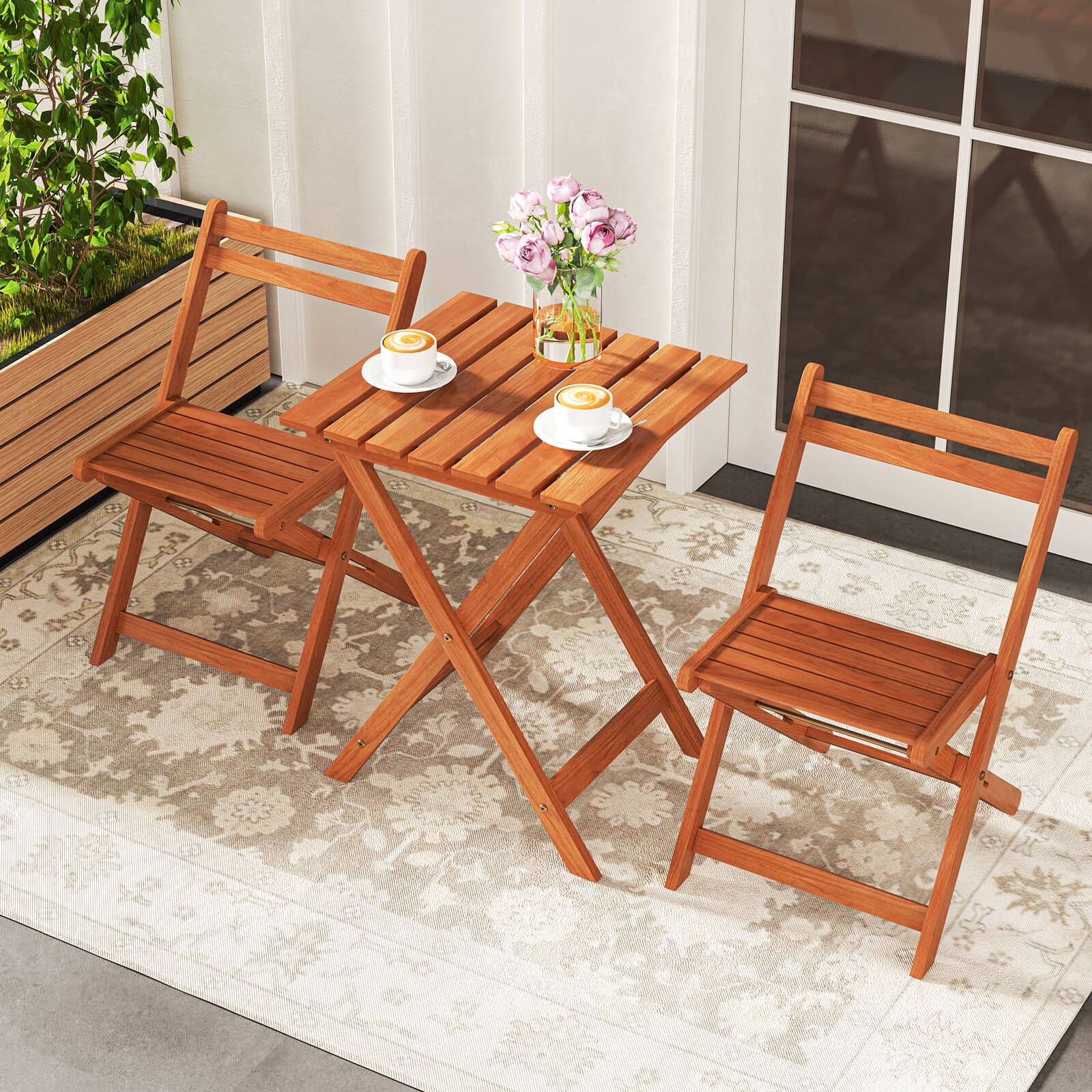 Alt View 3. Gymax - Gymax 3 PCS Outdoor Wood Bistro Set w/ 2 Folding Chairs & Dining Table for Backyard - Teak Oil Finish.