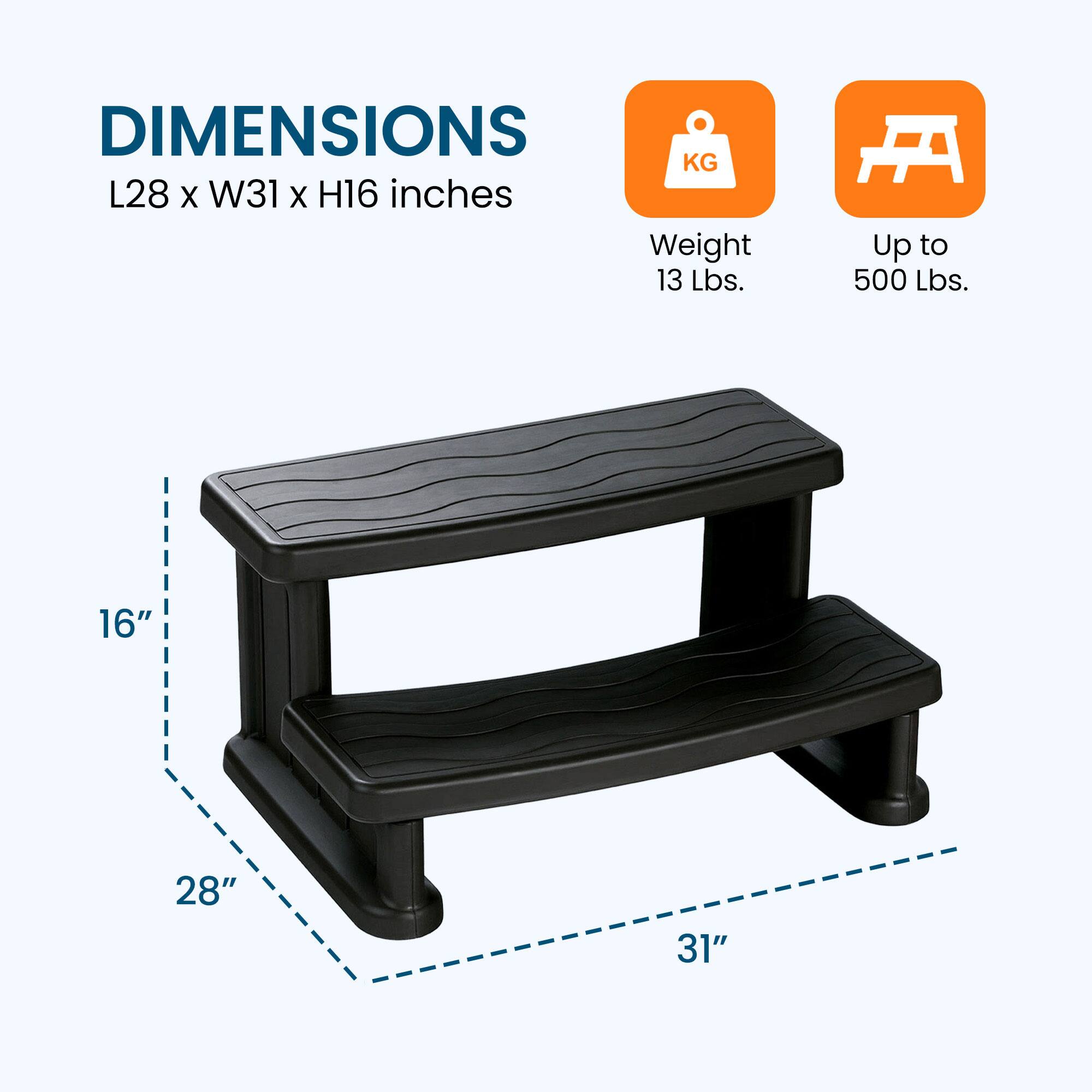 DIMENSIONS  
L28 x W31 x H16 inches  

Weight 13 Lbs.  
Up to 500 Lbs.