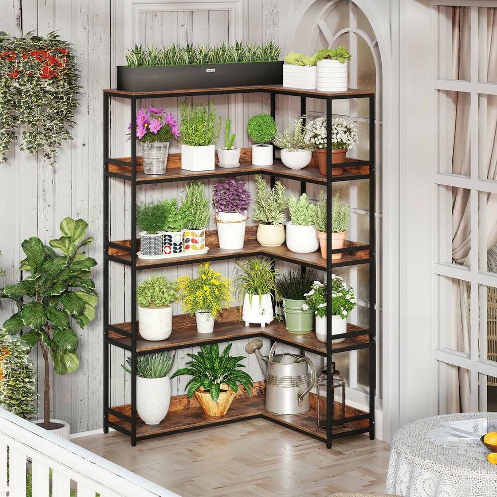 Alt View 1. Kadyn - 5-Tier L-Shaped Corner Bookshelf - Etagere with Metal Frame, Rustic Brown - Brown.