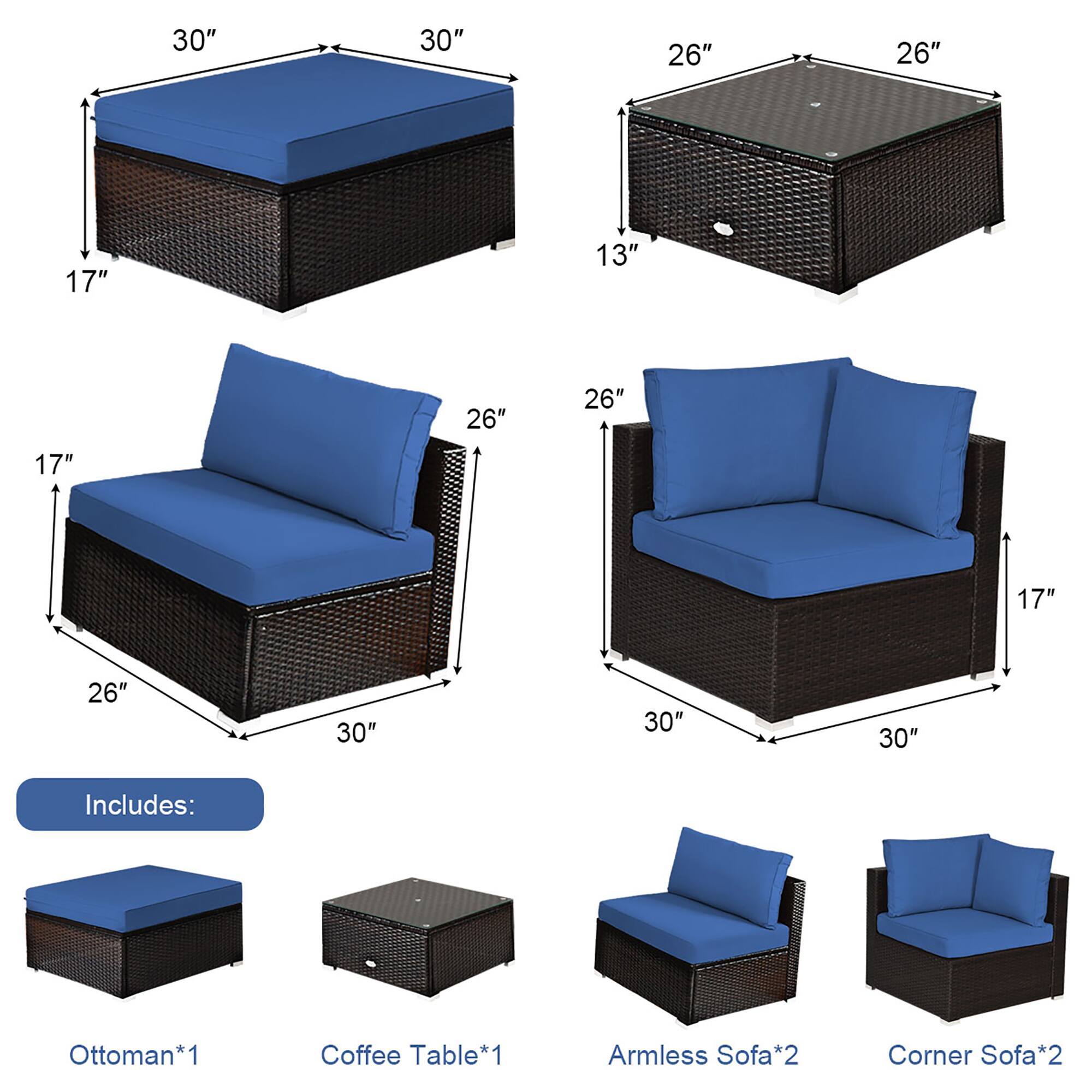 30" 30" 26" 26" 17" 13" 26" 26" 17" 17" 26" 30" 30" 30"  
Includes:  
Ottoman*1  
Coffee Table*1  
Armless Sofa*2  
Corner Sofa*2