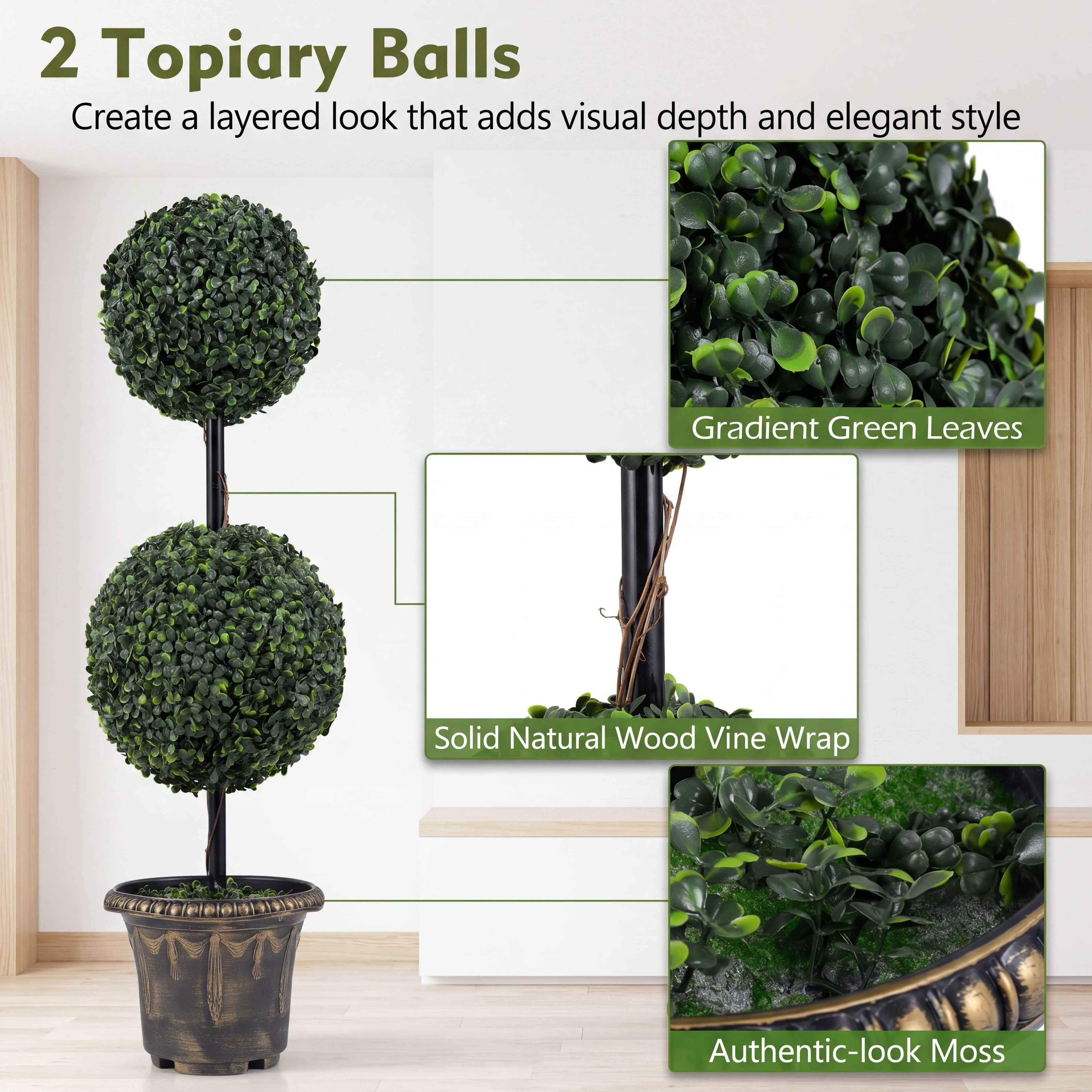 2 Topiary Balls  
Create a layered look that adds visual depth and elegant style  

- Gradient Green Leaves  
- Solid Natural Wood Vine Wrap  
- Authentic-look Moss