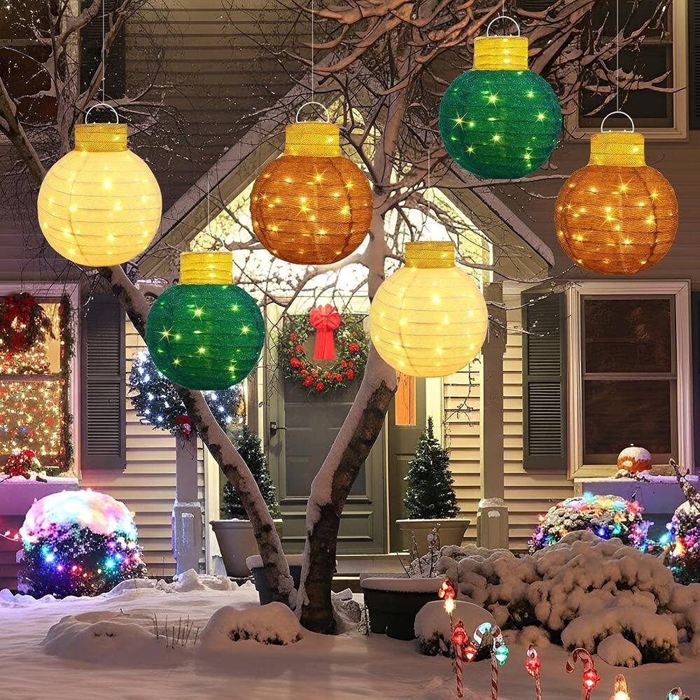 Back. RTMB - 3-Piece 33" Lighted Christmas Ball Decoration Set, Pre-Lit 2D Standing Holiday Display for Indoor/Outdoor Use - Brown, Tan, Beige.