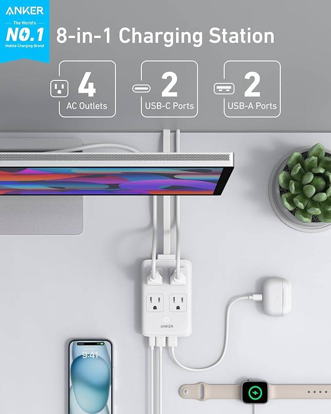 ANKER  
The World's NO.1 Mobile Charging Brand  

8-in-1 Charging Station  

4 AC Outlets  
2 USB-C Ports  
2 USB-A Ports  

9:41