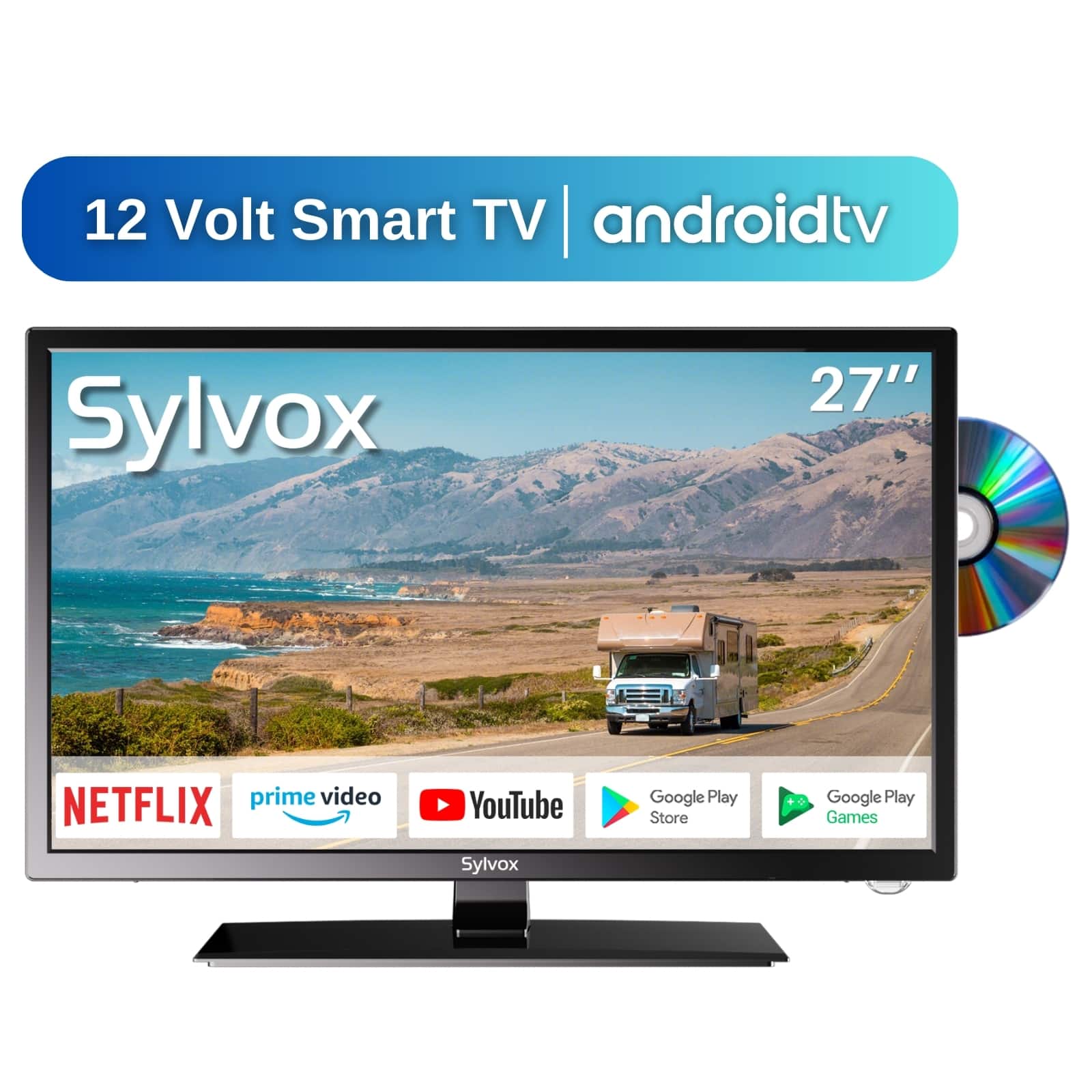 Sylvox - RV TV, 27-Inch 12 Volt TV, Smart Google TV,1080P Full HD Built-in DVD Player, AC/DC Powered TV (Trailer Series)