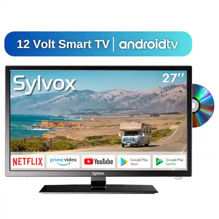 12 Volt Smart TV | androidtv
Sylvox 27"
prime video
NETFLIX
YouTube
Google Play Store
Google Play Games