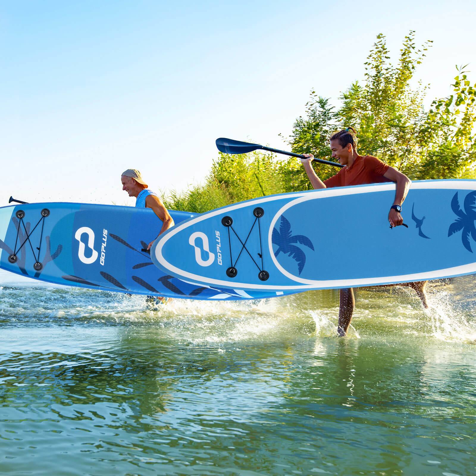 The image shows two people paddling on a body of water, with one person holding a paddle and the other person holding a surfboard. The surfboard is blue and white, and it appears to be a stand-up paddleboard. The people are enjoying their time on the water, likely engaging in a water sport or recreational activity.