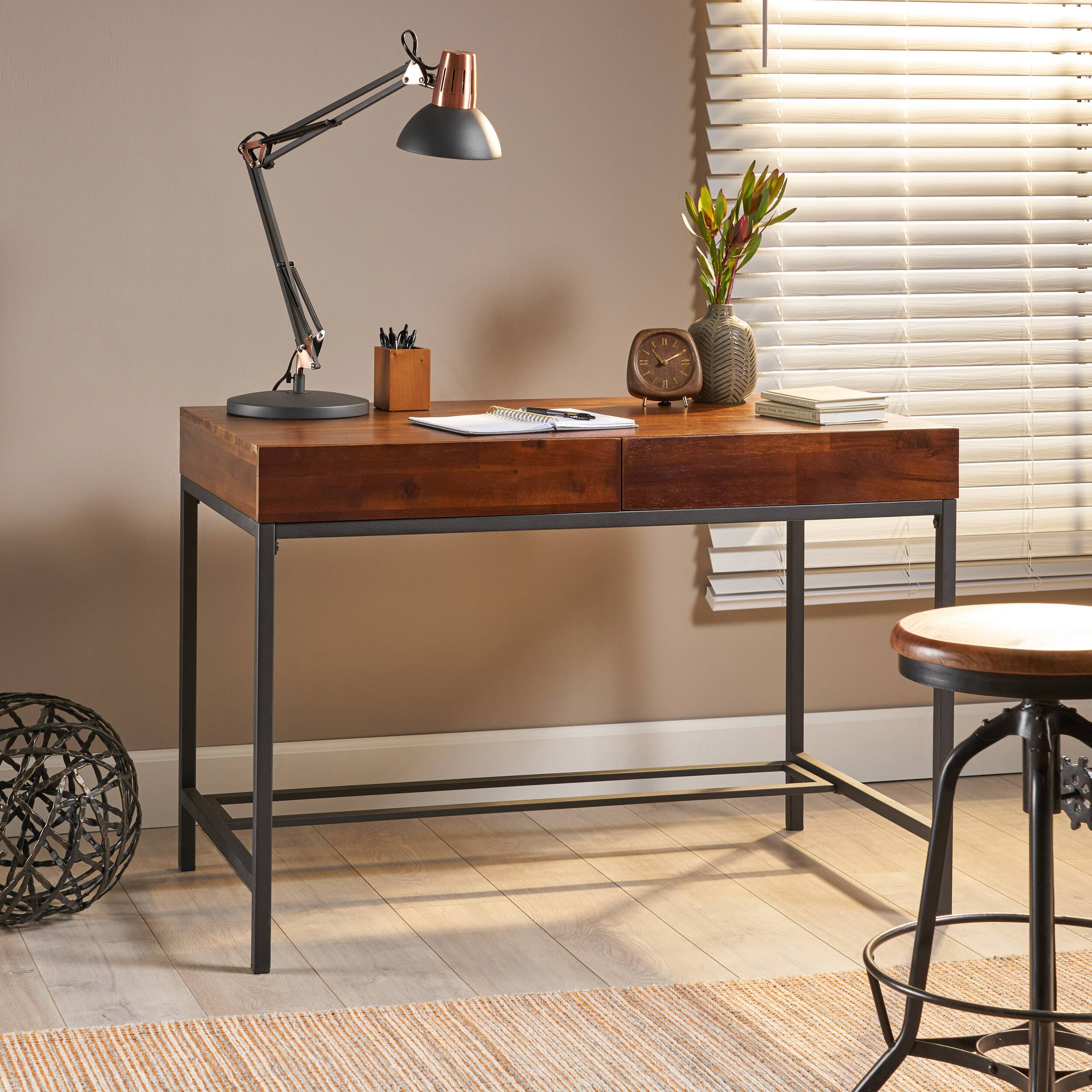 Front. APRILSOUL - Industrial Acacia Wood Desk with Drawer Mid Century Home Office Workstation - Oak.