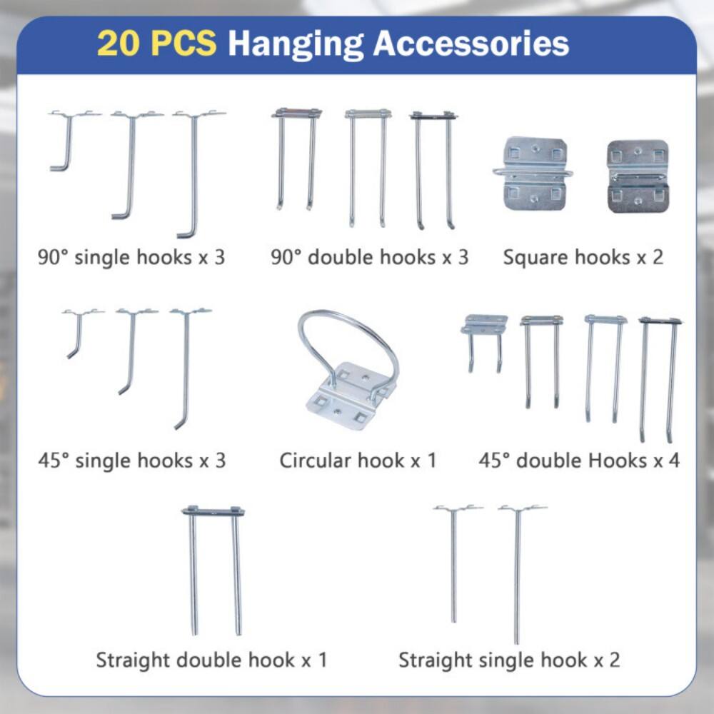 20 PCS Hanging Accessories

- 90° single hooks x 3
- 90° double hooks x 3
- Square hooks x 2
- 45° single hooks x 3
- Circular hook x 1
- 45° double hooks x 4
- Straight double hook x 1
- Straight single hook x 2