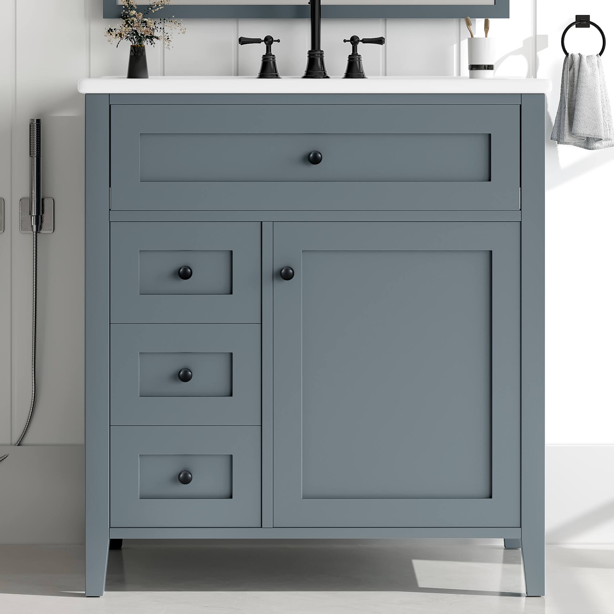 Angle. TinyHomie - 30-Inch Bathroom Vanity with Sink Modern MDF and Rubberwood Cabinet with 3 Drawers and Adjustable Shelf - Blue Gray.