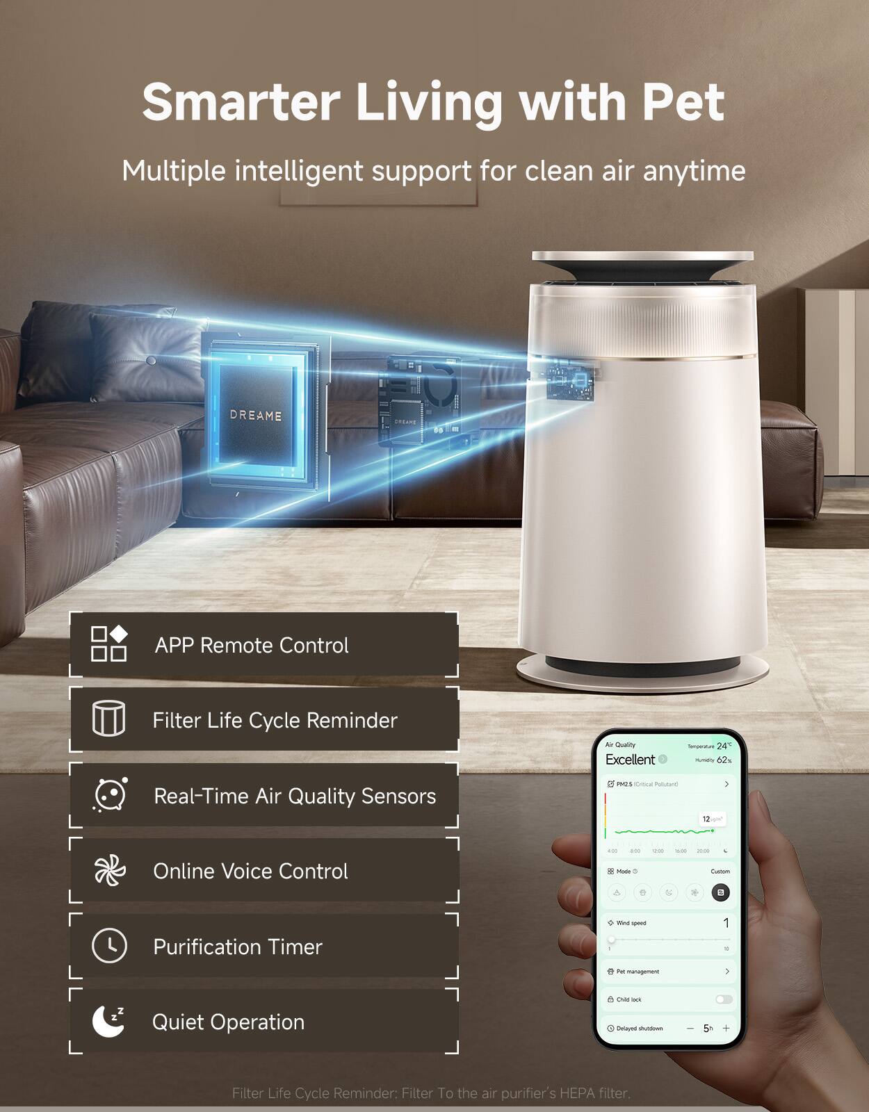 Smarter Living with Pet  
Multiple intelligent support for clean air anytime

DREAME

- APP Remote Control
- Filter Life Cycle Reminder
- Real-Time Air Quality Sensors
- Online Voice Control
- Purification Timer
- Quiet Operation

Filter Life Cycle Reminder: Filter To the air purifier's HEPA filter.