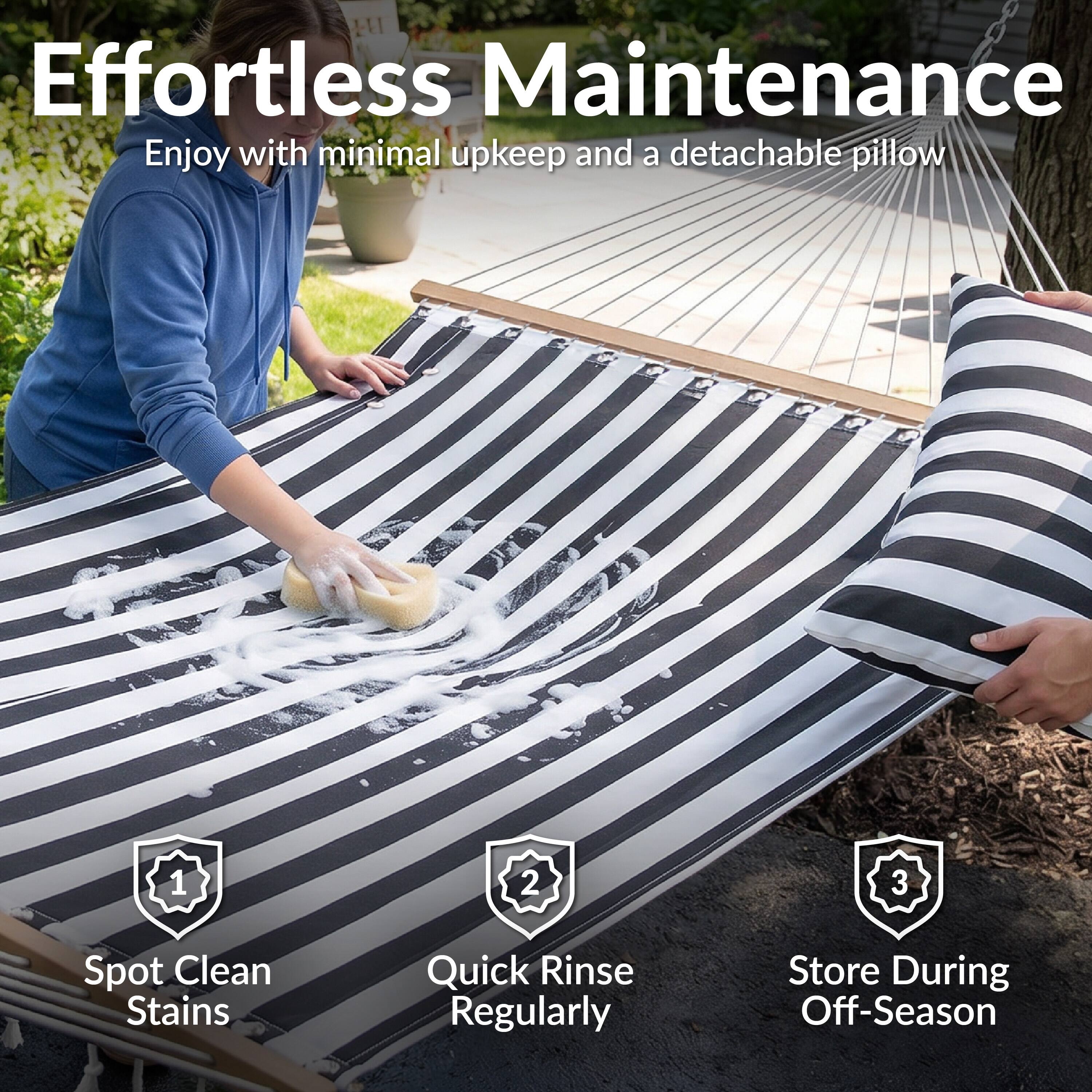 Effortless Maintenance  
Enjoy with minimal upkeep and a detachable pillow

1. Spot Clean Stains  
2. Quick Rinse Regularly  
3. Store During Off-Season