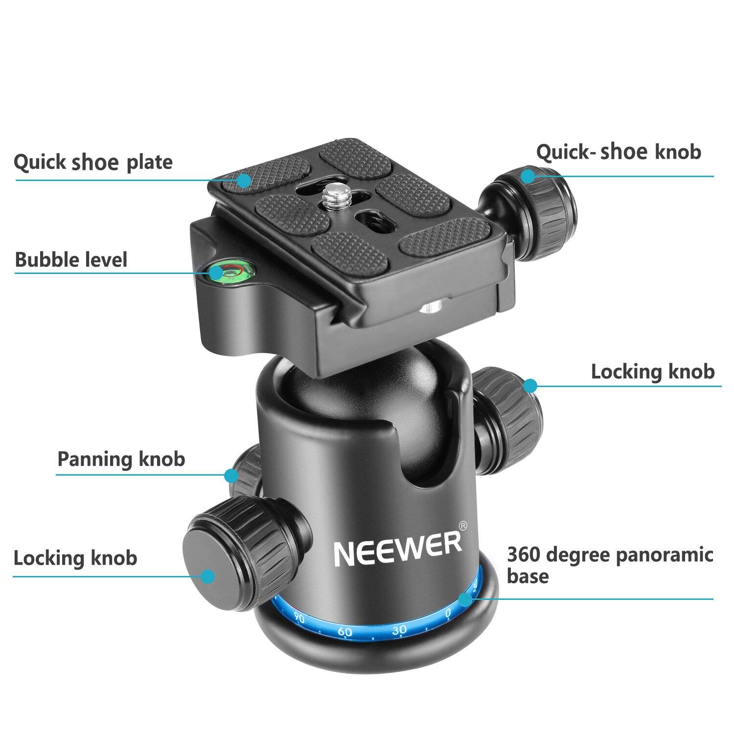 Quick shoe plate  
Quick-shoe knob  
Bubble level  
Locking knob  
Panning knob  
Locking knob  
NEEWER 360 degree panoramic base  
90 60 30 0